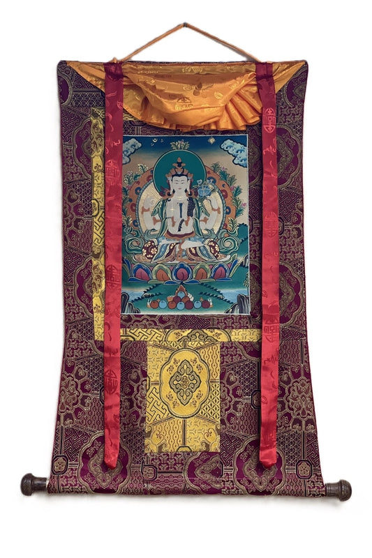 Four Armed Avalokiteshvara/ Lokeswor/ Chyangresi/ Chenrezig Old Smoky Tibetan Thangka Painting with High - Quality Silk Brocade - Tibetan Thangka Art