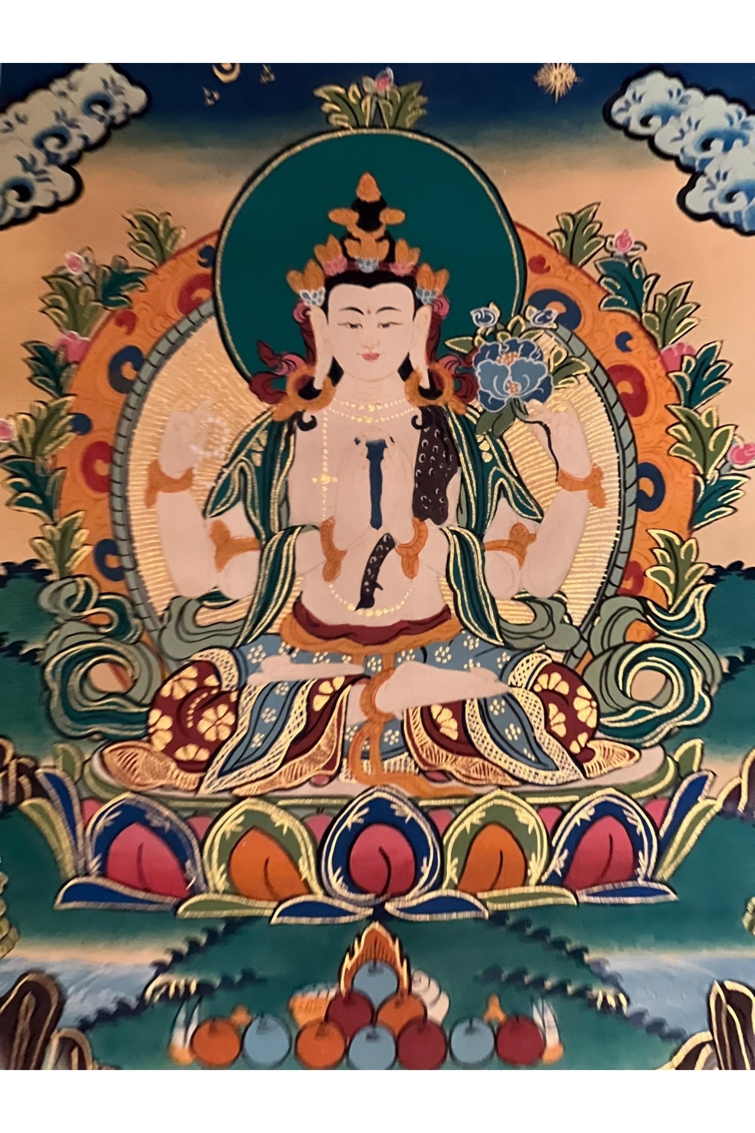Four Armed Avalokiteshvara/ Lokeswor/ Chyangresi/ Chenrezig Old Smoky Tibetan Thangka Painting with High - Quality Silk Brocade - Tibetan Thangka Art