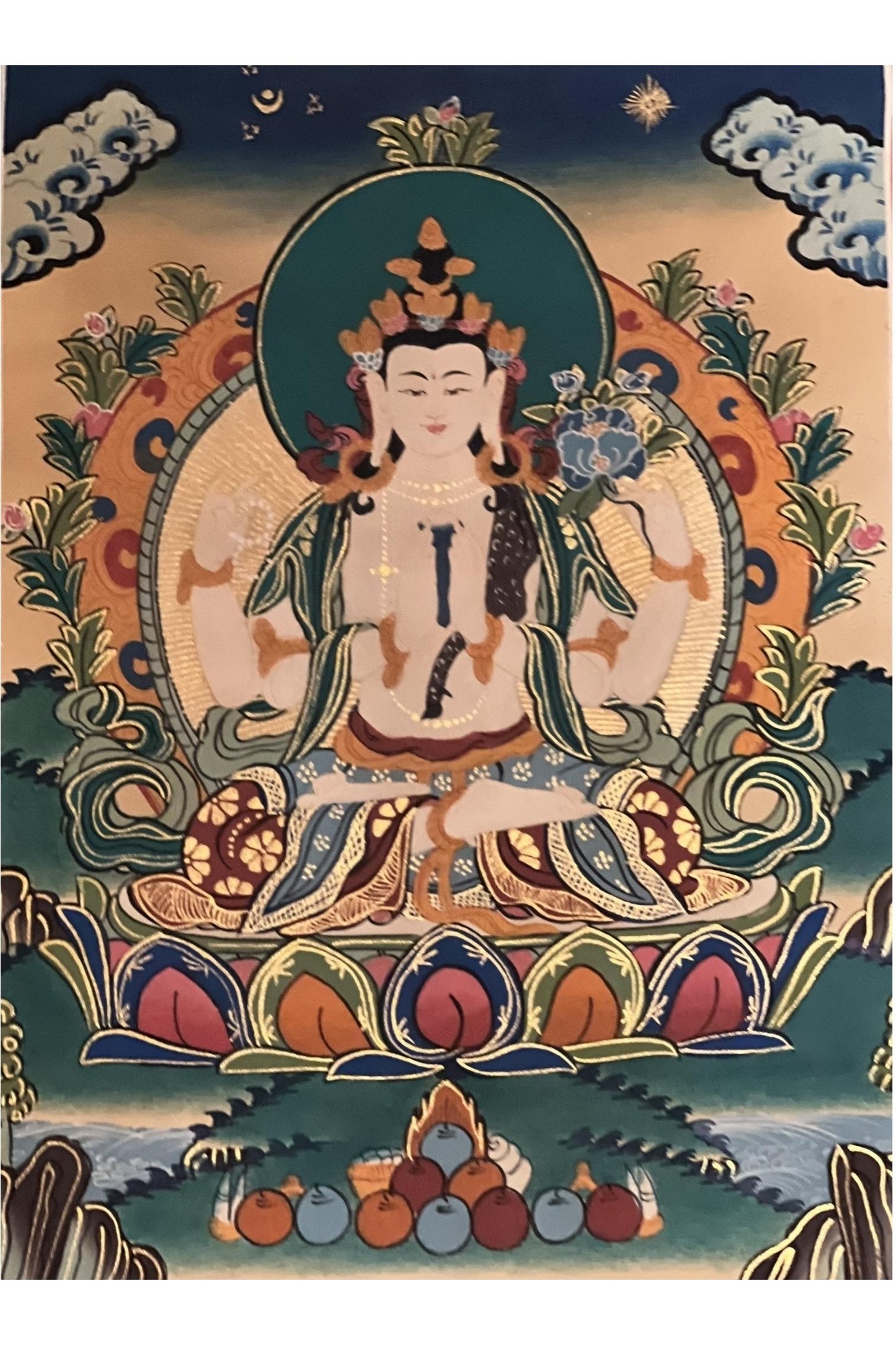 Four Armed Avalokiteshvara/ Lokeswor/ Chyangresi/ Chenrezig Old Smoky Tibetan Thangka Painting with High - Quality Silk Brocade - Tibetan Thangka Art