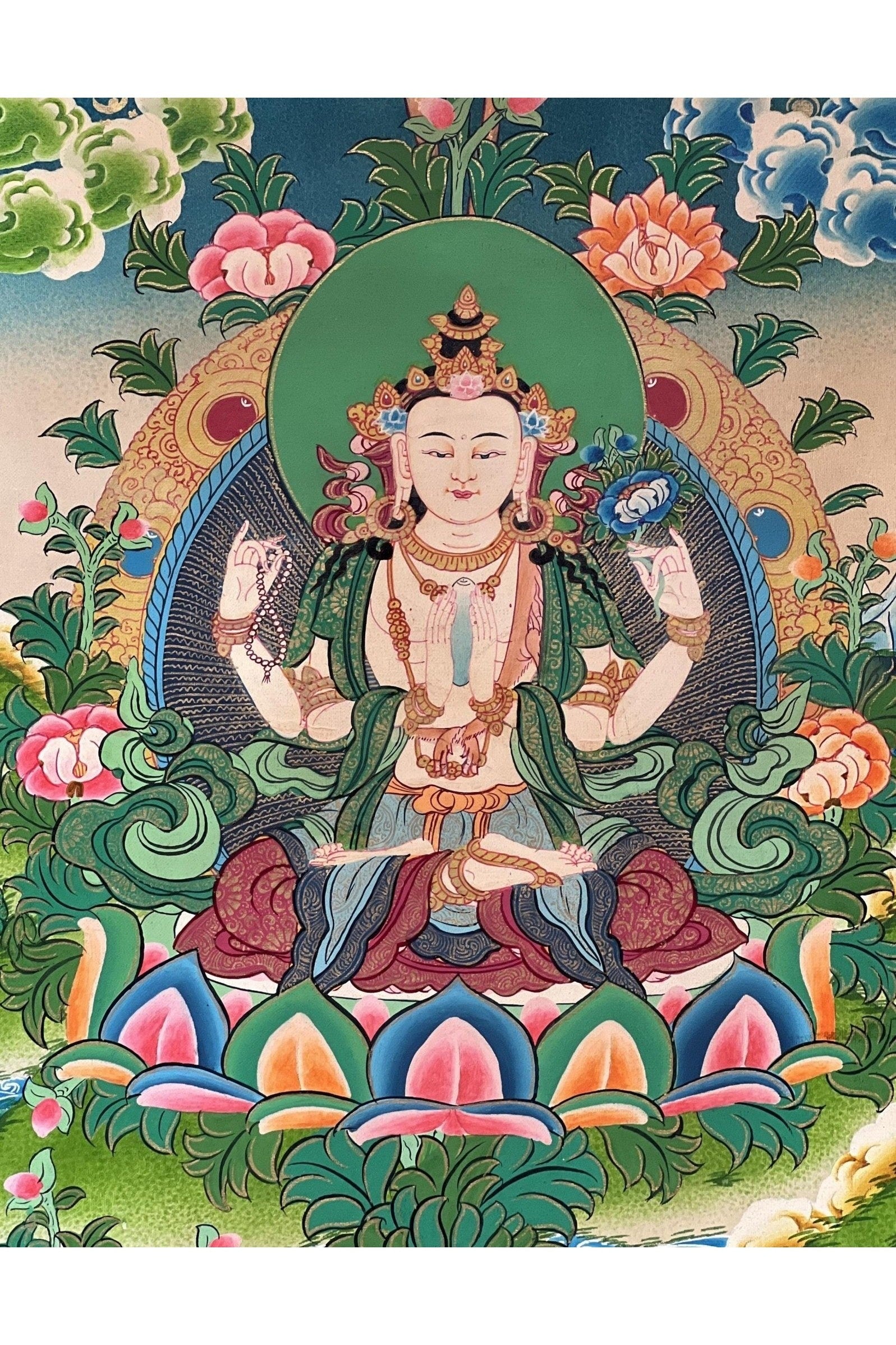 Four Armed Bodhisattva Avalokiteshvara/ Lokeswor/ Chenrezig/ Masterpiece Smoky Tibetan Thangka Painting/ Original Buddhist Art - Tibetan Thangka Art