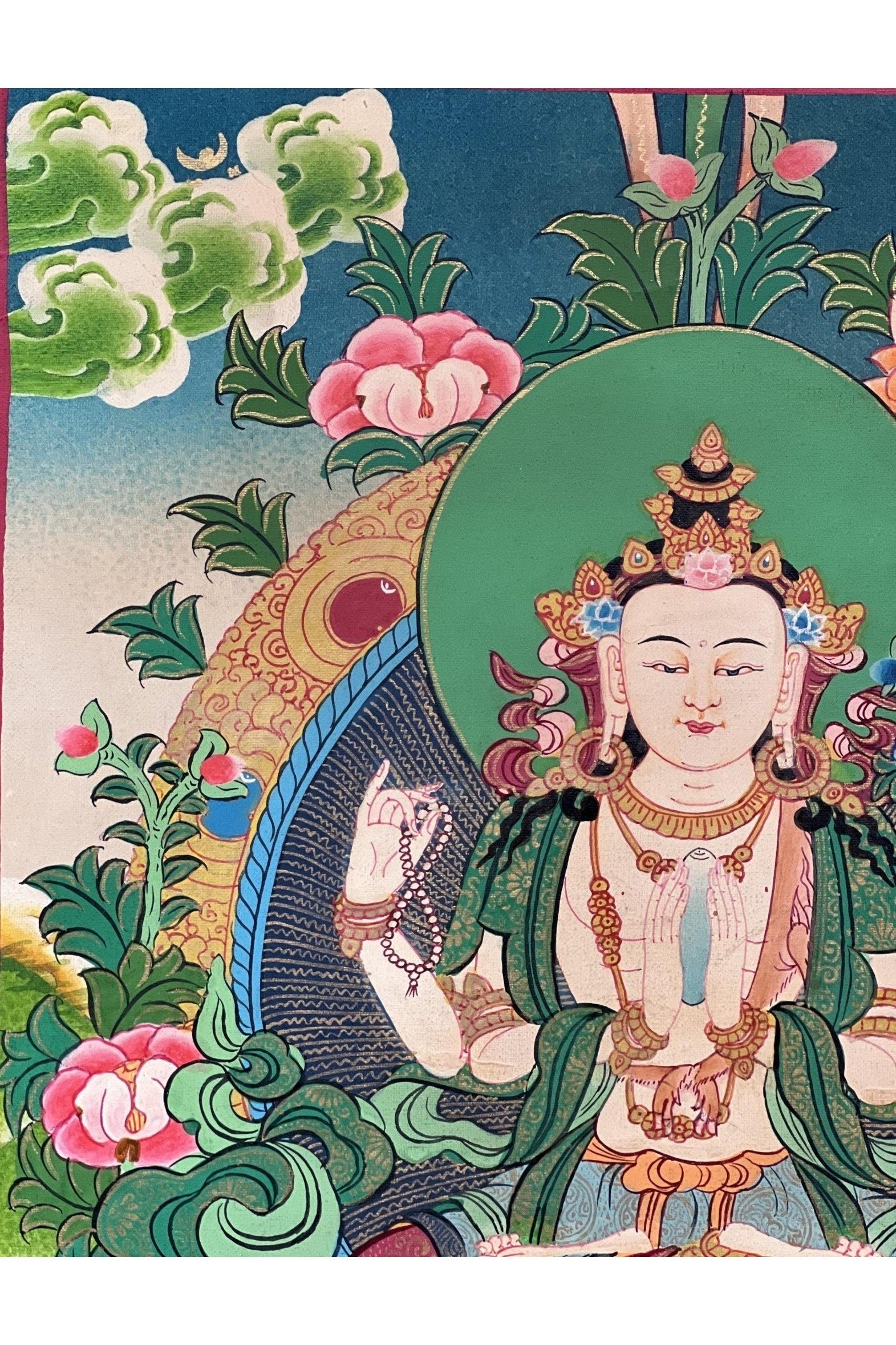 Four Armed Bodhisattva Avalokiteshvara/ Lokeswor/ Chenrezig/ Masterpiece Smoky Tibetan Thangka Painting/ Original Buddhist Art - Tibetan Thangka Art