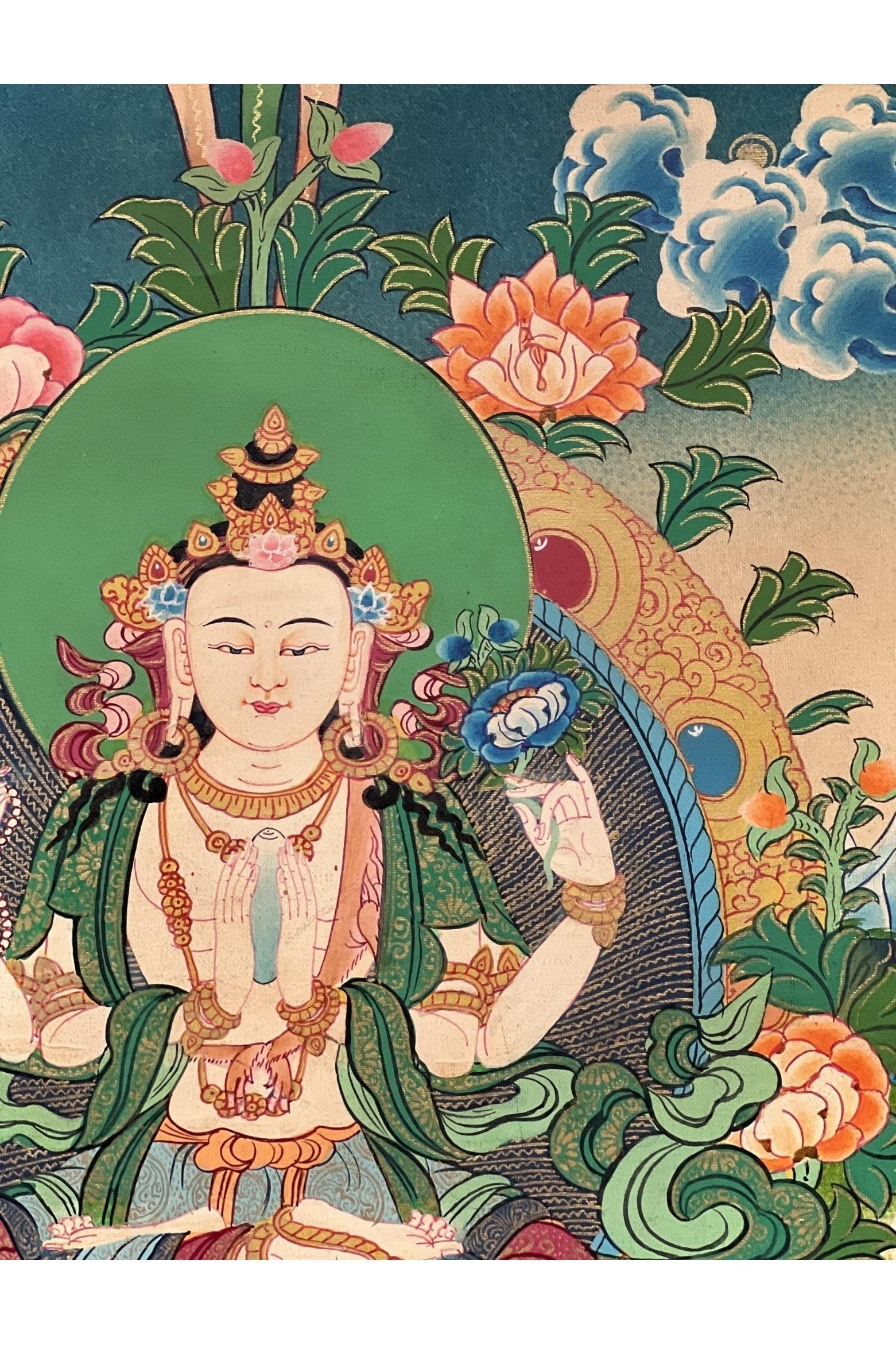 Four Armed Bodhisattva Avalokiteshvara/ Lokeswor/ Chenrezig/ Masterpiece Smoky Tibetan Thangka Painting/ Original Buddhist Art - Tibetan Thangka Art