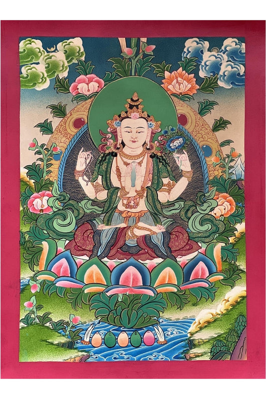 Four Armed Bodhisattva Avalokiteshvara/ Lokeswor/ Chenrezig/ Masterpiece Smoky Tibetan Thangka Painting/ Original Buddhist Art - Tibetan Thangka Art