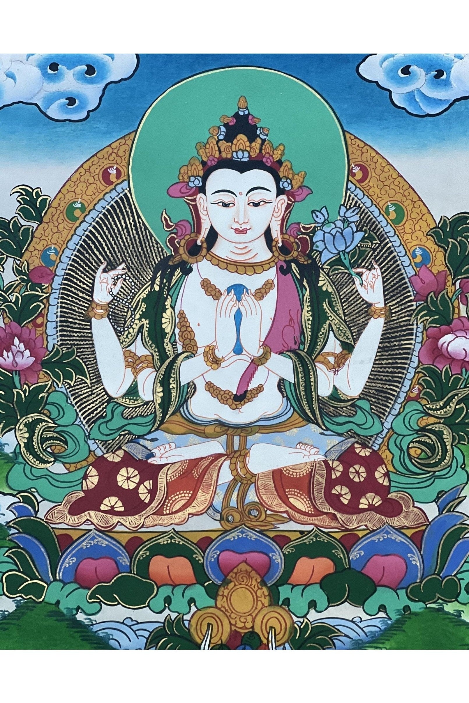 Four - Armed Chenrezig/ Avalokiteshvara Bodhisattva Master Quality Large Tibetan Thangka Painting, Original Hand Painting/ Buddhist Art - Tibetan Thangka Art