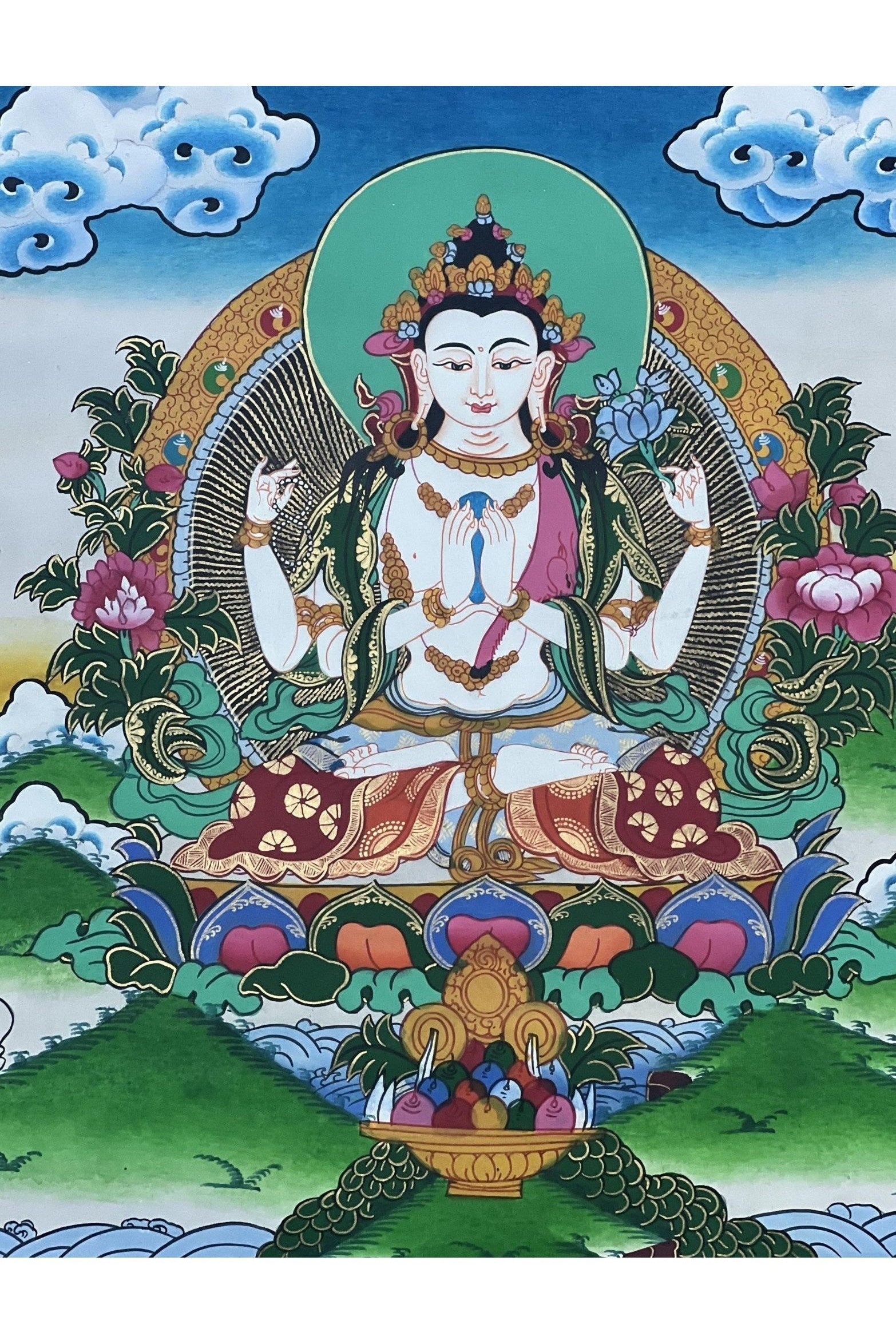 Four - Armed Chenrezig/ Avalokiteshvara Bodhisattva Master Quality Large Tibetan Thangka Painting, Original Hand Painting/ Buddhist Art - Tibetan Thangka Art