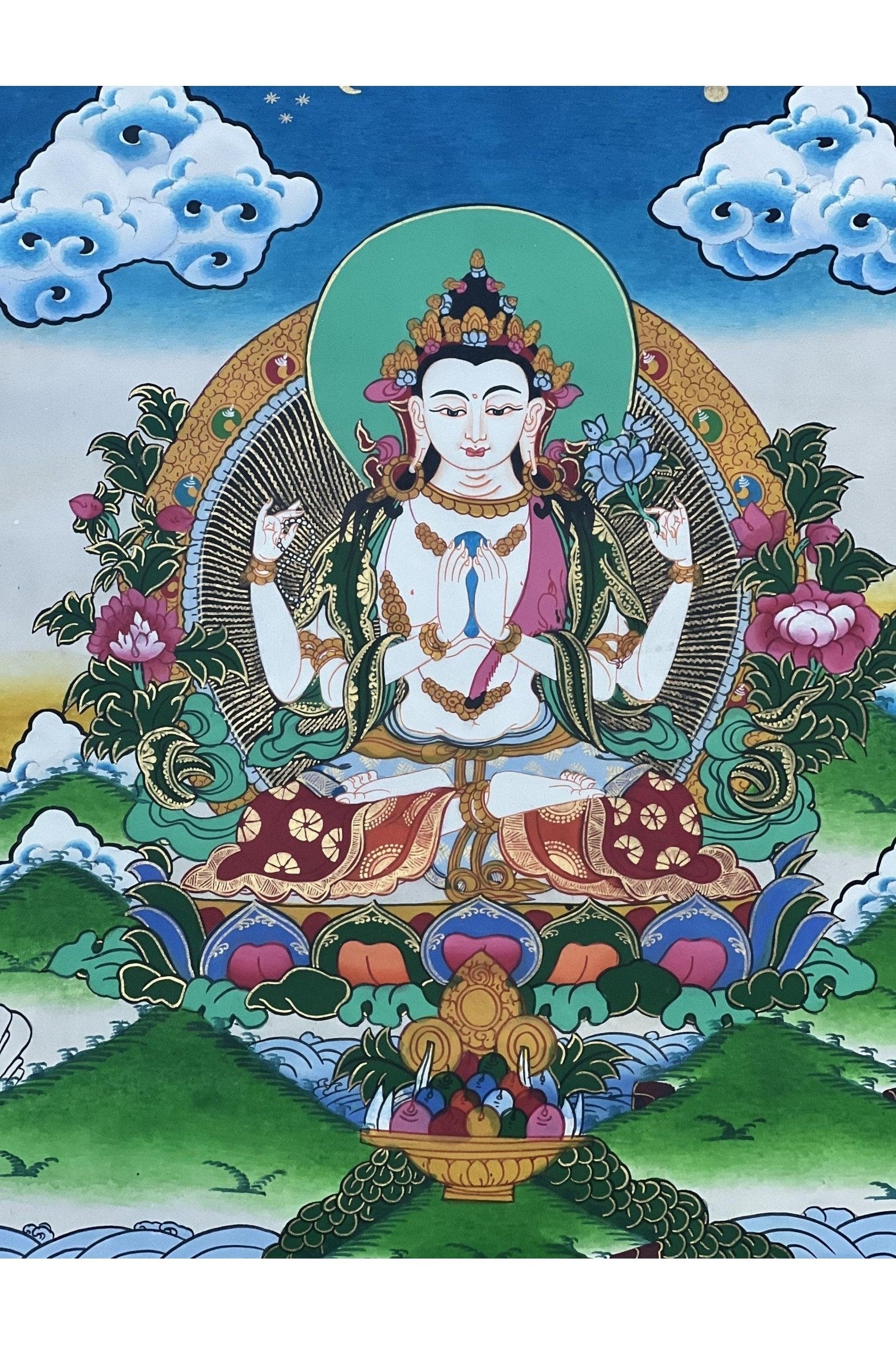 Four - Armed Chenrezig/ Avalokiteshvara Bodhisattva Master Quality Large Tibetan Thangka Painting, Original Hand Painting/ Buddhist Art - Tibetan Thangka Art
