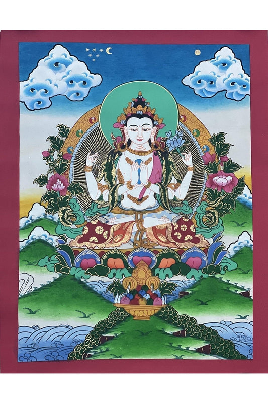 Four - Armed Chenrezig/ Avalokiteshvara Bodhisattva Master Quality Large Tibetan Thangka Painting, Original Hand Painting/ Buddhist Art - Tibetan Thangka Art