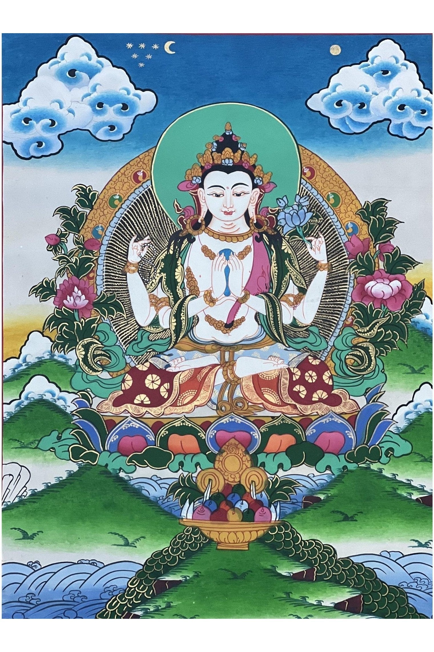 Four - Armed Chenrezig/ Avalokiteshvara Bodhisattva Master Quality Large Tibetan Thangka Painting, Original Hand Painting/ Buddhist Art - Tibetan Thangka Art