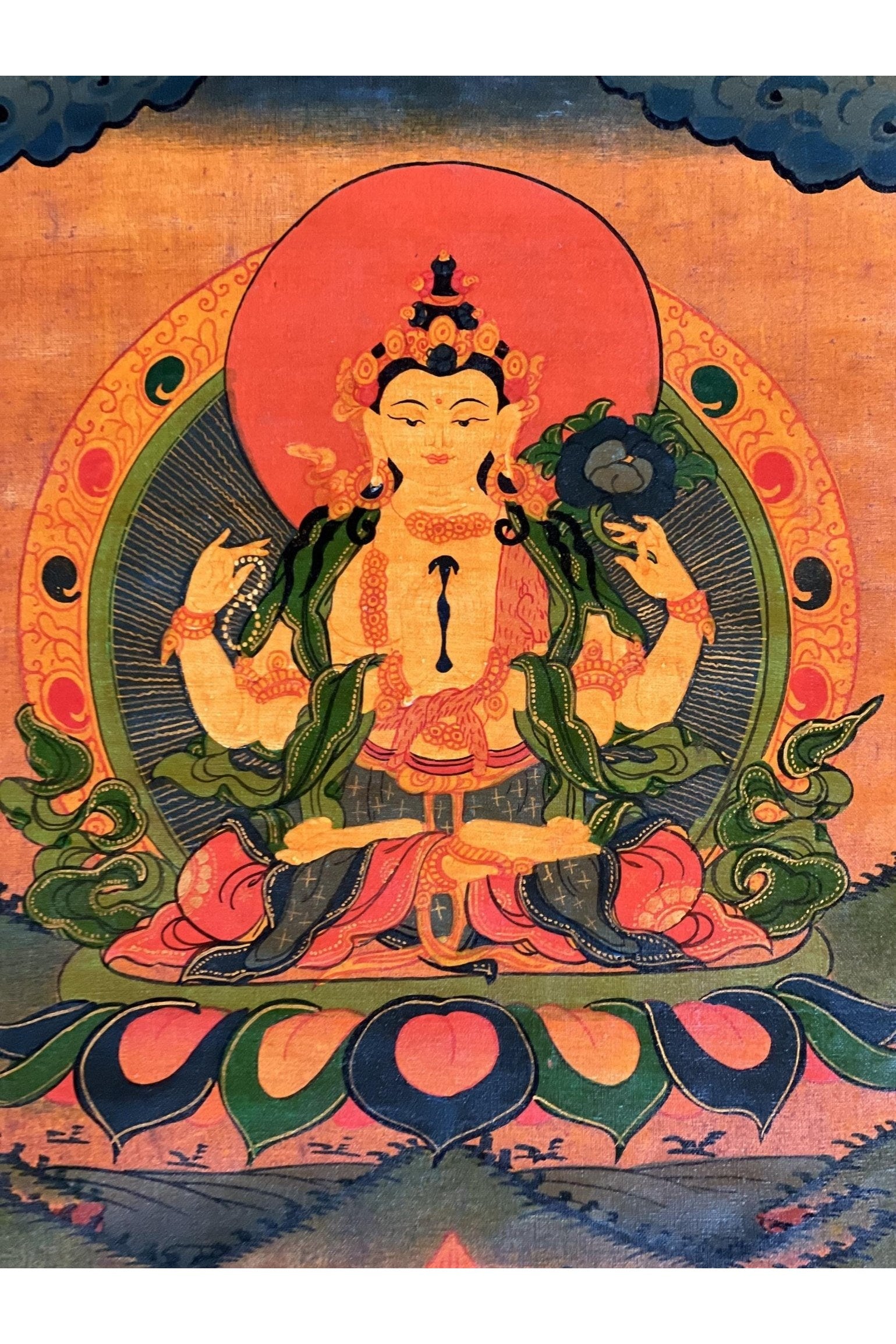 Four Armed Chenrezig/ Avalokiteshvara Bodhisattva Old Oil Varnished Tibetan Thangka Painting, Original Art with Silk Brocade - Tibetan Thangka Art