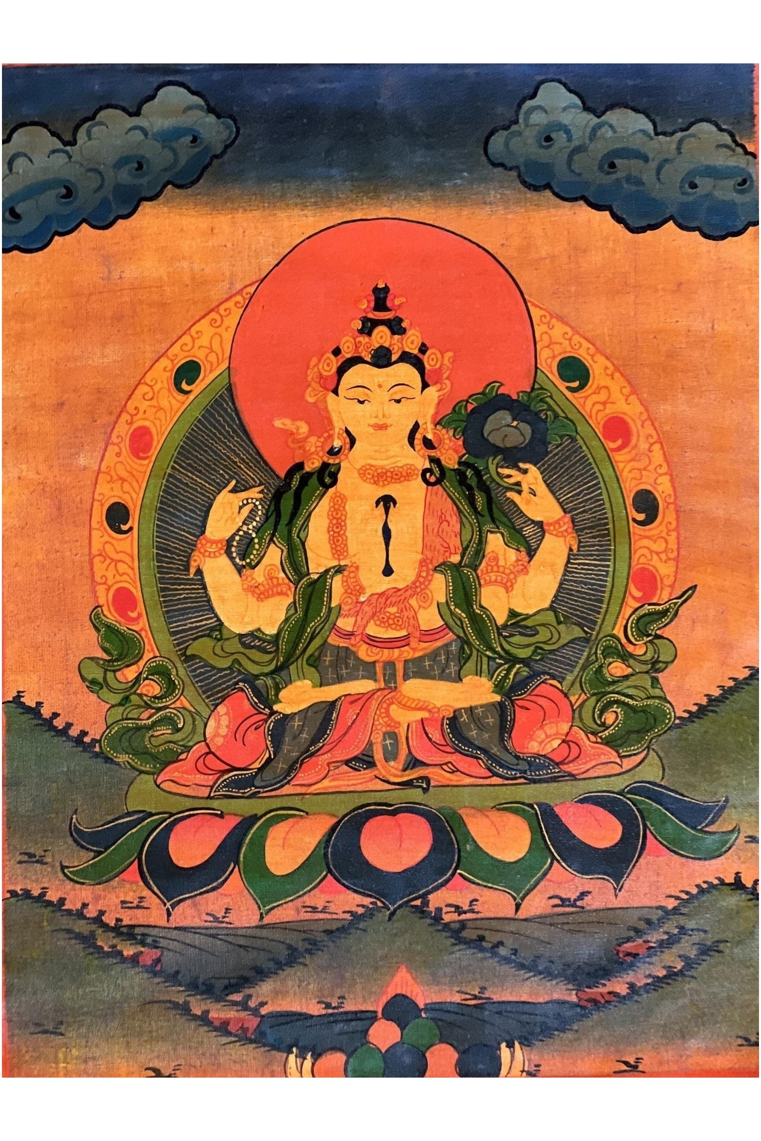 Four Armed Chenrezig/ Avalokiteshvara Bodhisattva Old Oil Varnished Tibetan Thangka Painting, Original Art with Silk Brocade - Tibetan Thangka Art