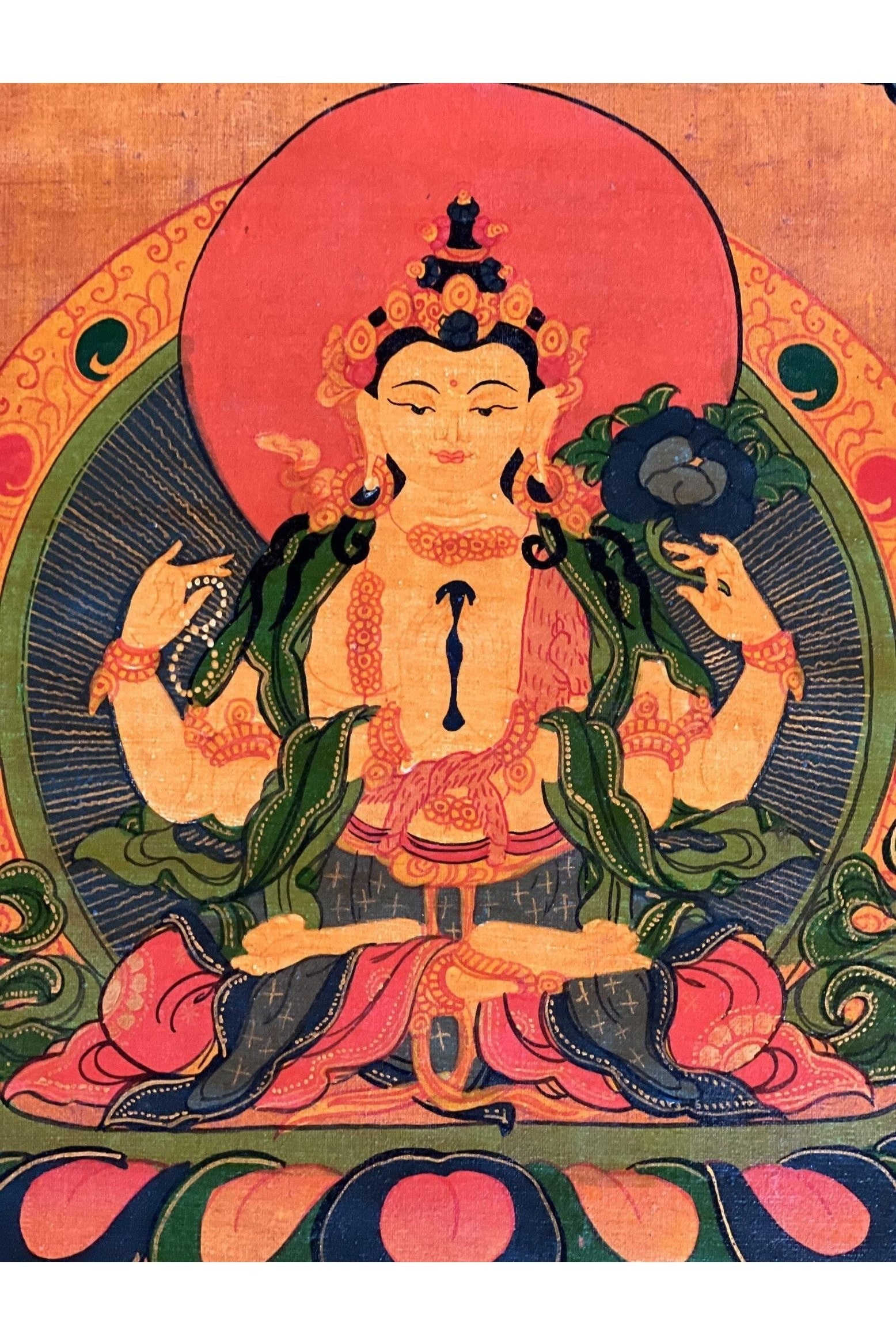 Four Armed Chenrezig/ Avalokiteshvara Bodhisattva Old Oil Varnished Tibetan Thangka Painting, Original Art with Silk Brocade - Tibetan Thangka Art