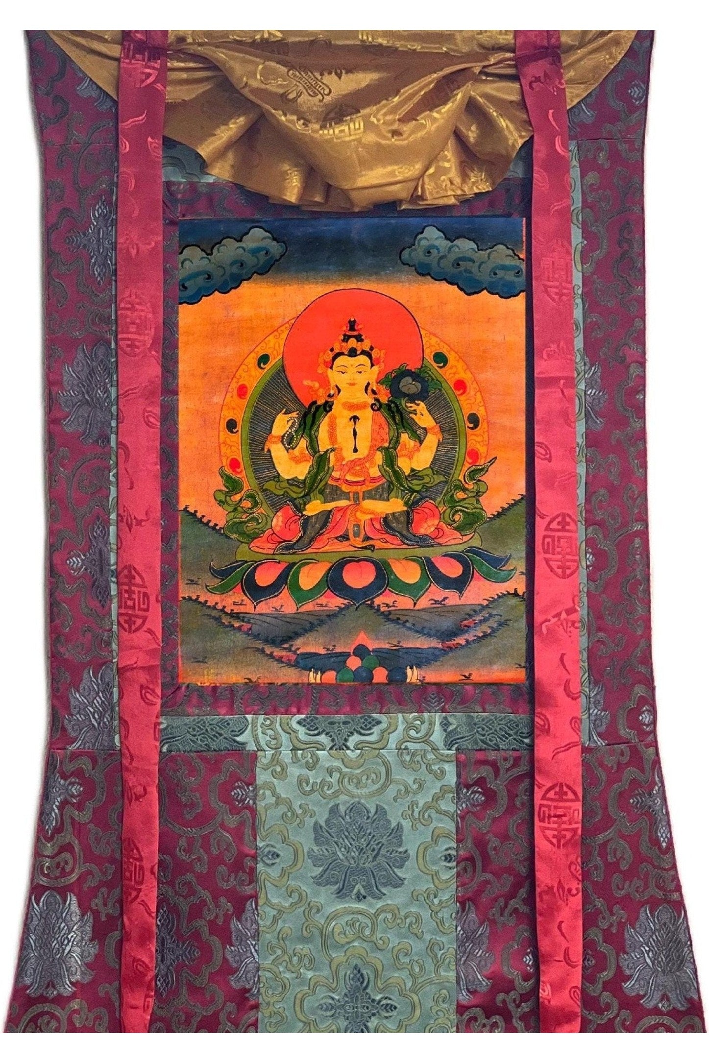 Four Armed Chenrezig/ Avalokiteshvara Bodhisattva Old Oil Varnished Tibetan Thangka Painting, Original Art with Silk Brocade - Tibetan Thangka Art