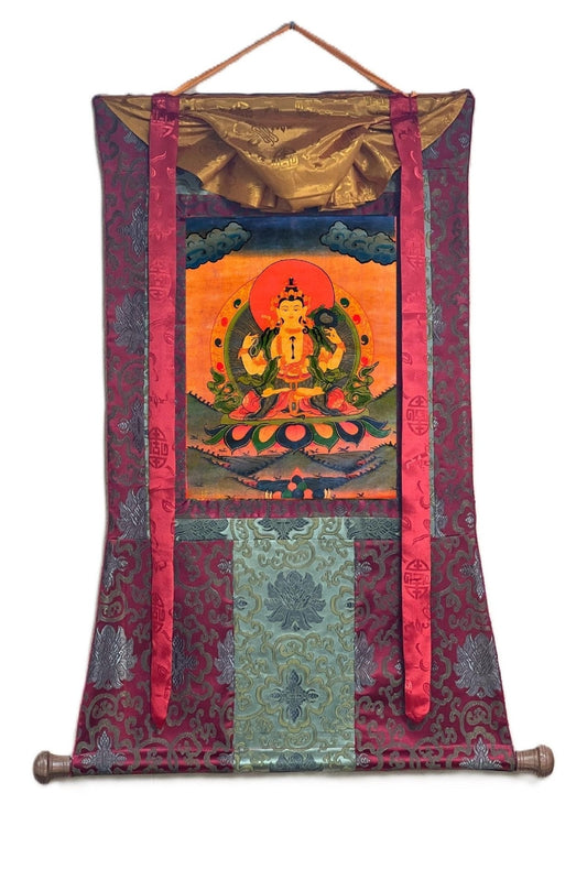Four Armed Chenrezig/ Avalokiteshvara Bodhisattva Old Oil Varnished Tibetan Thangka Painting, Original Art with Silk Brocade - Tibetan Thangka Art