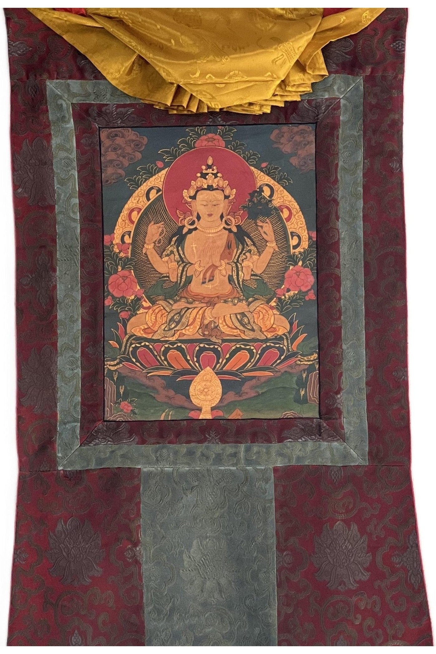 Four Armed Chenrezig/ Avalokiteshvara Bodhisattva Old Oil Varnished Tibetan Thangka Painting/ Original Buddhist Art with Silk Brocade - Tibetan Thangka Art