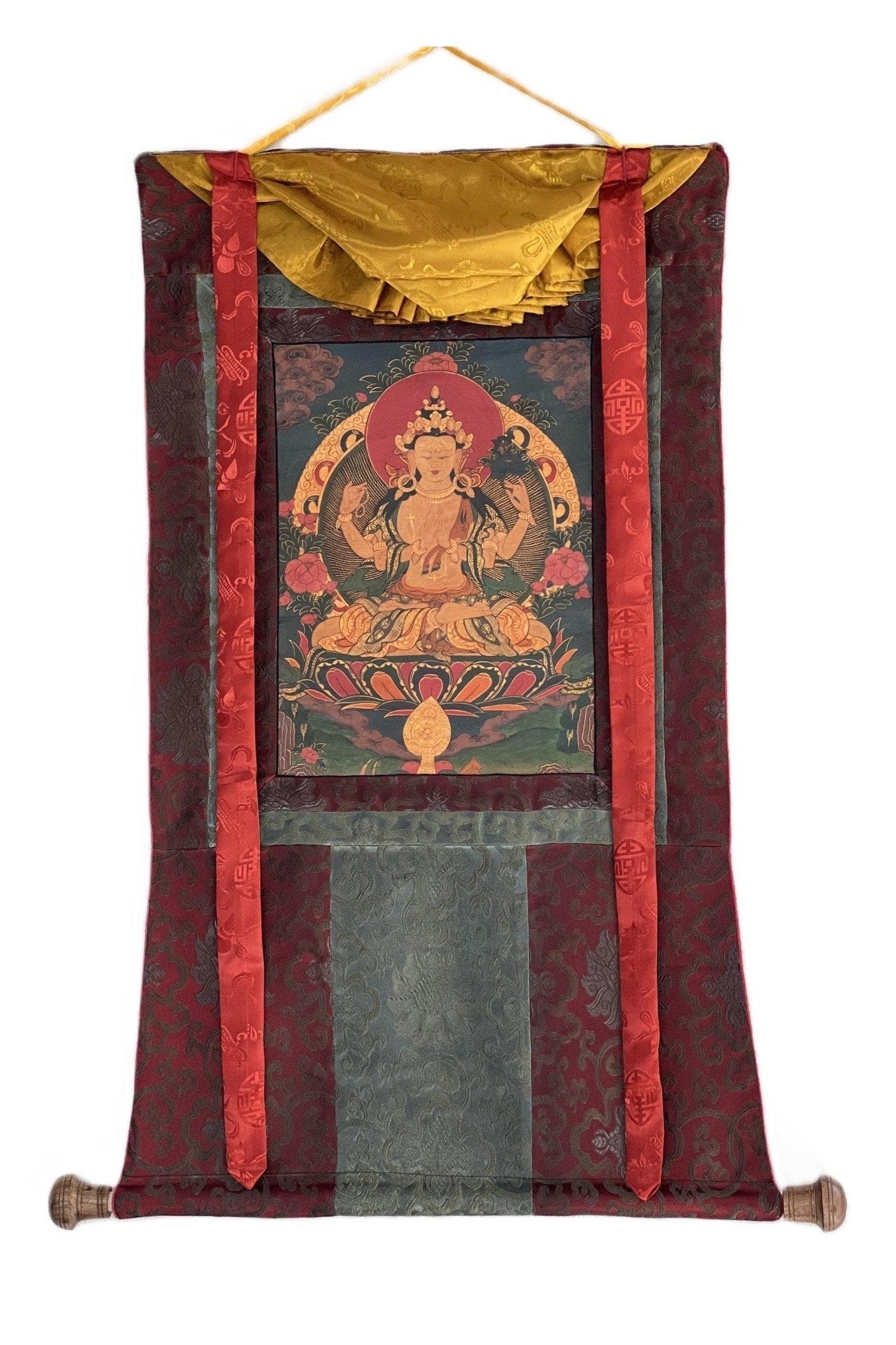 Four Armed Chenrezig/ Avalokiteshvara Bodhisattva Old Oil Varnished Tibetan Thangka Painting/ Original Buddhist Art with Silk Brocade - Tibetan Thangka Art