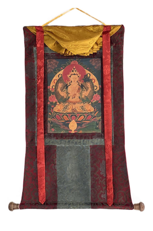 Four Armed Chenrezig/ Avalokiteshvara Bodhisattva Old Oil Varnished Tibetan Thangka Painting/ Original Buddhist Art with Silk Brocade - Tibetan Thangka Art