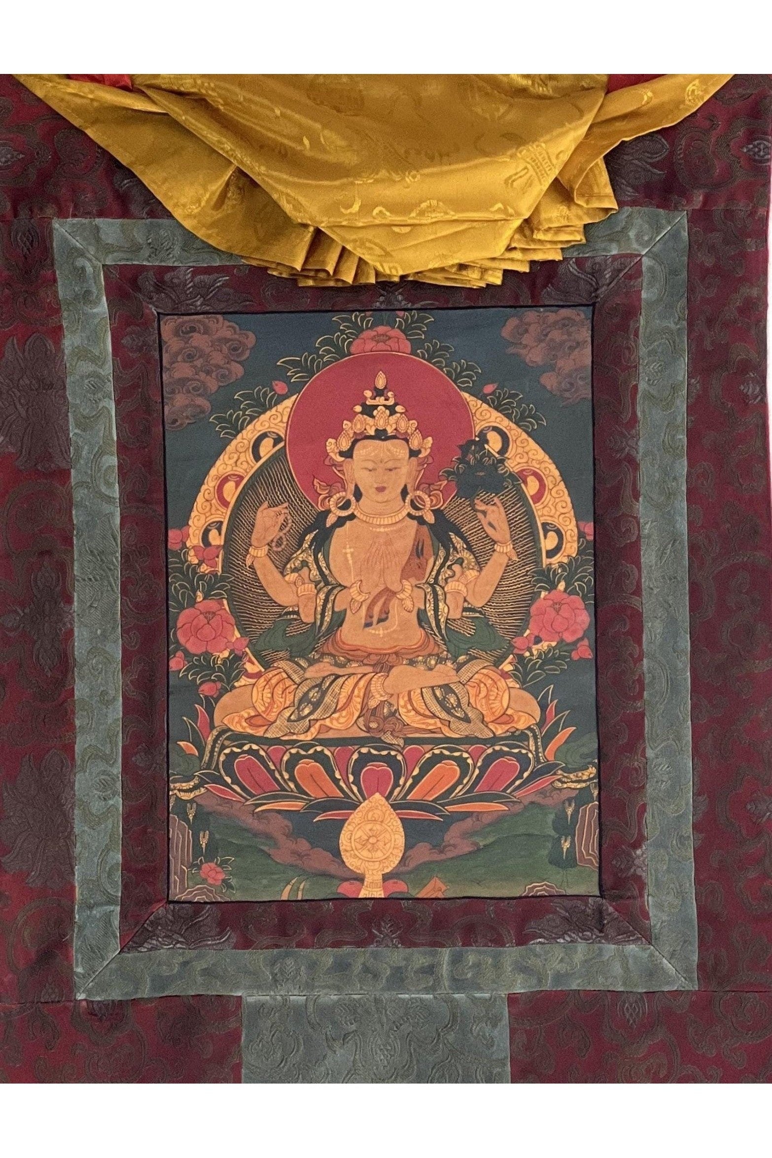 Four Armed Chenrezig/ Avalokiteshvara Bodhisattva Old Oil Varnished Tibetan Thangka Painting/ Original Buddhist Art with Silk Brocade - Tibetan Thangka Art