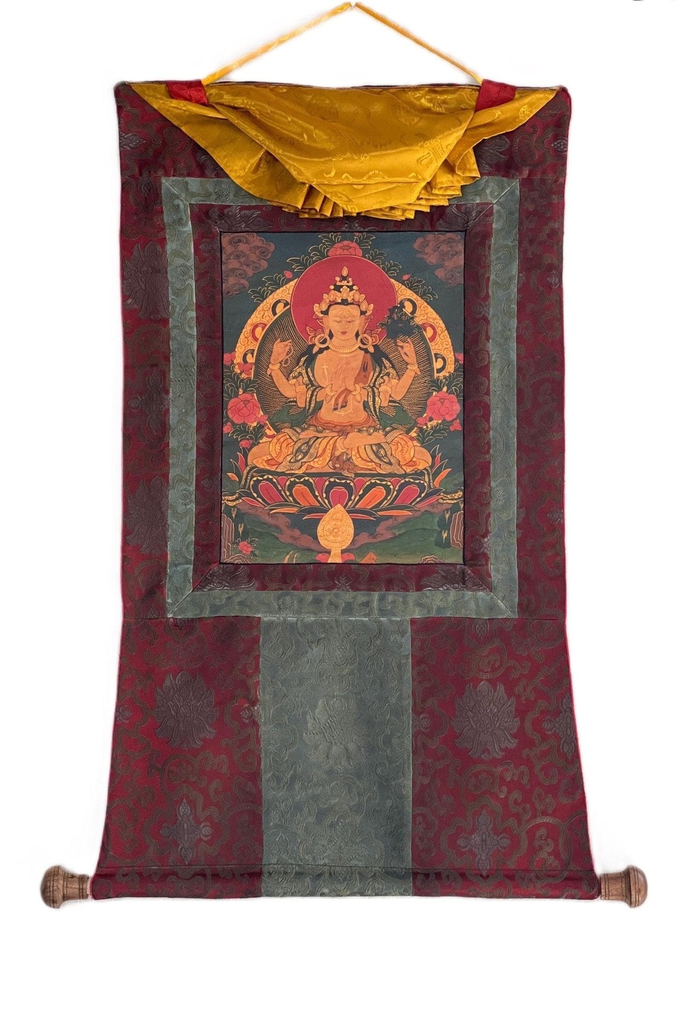 Four Armed Chenrezig/ Avalokiteshvara Bodhisattva Old Oil Varnished Tibetan Thangka Painting/ Original Buddhist Art with Silk Brocade - Tibetan Thangka Art