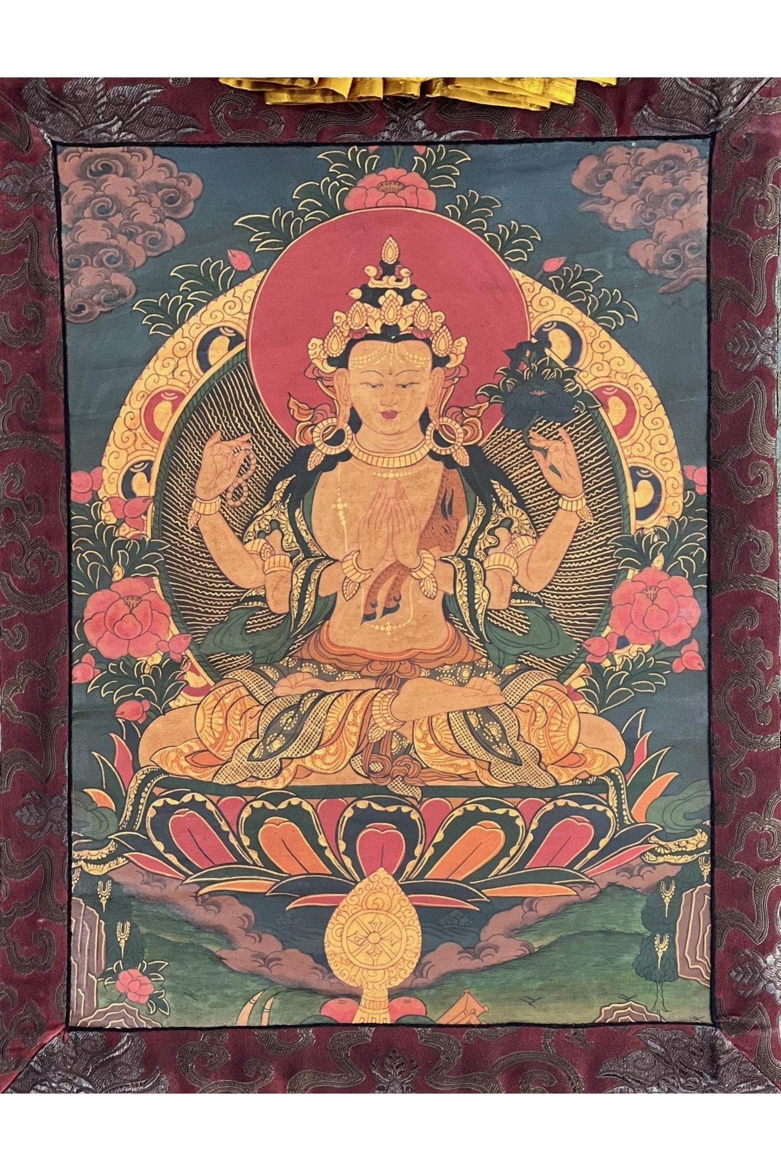 Four Armed Chenrezig/ Avalokiteshvara Bodhisattva Old Oil Varnished Tibetan Thangka Painting/ Original Buddhist Art with Silk Brocade - Tibetan Thangka Art
