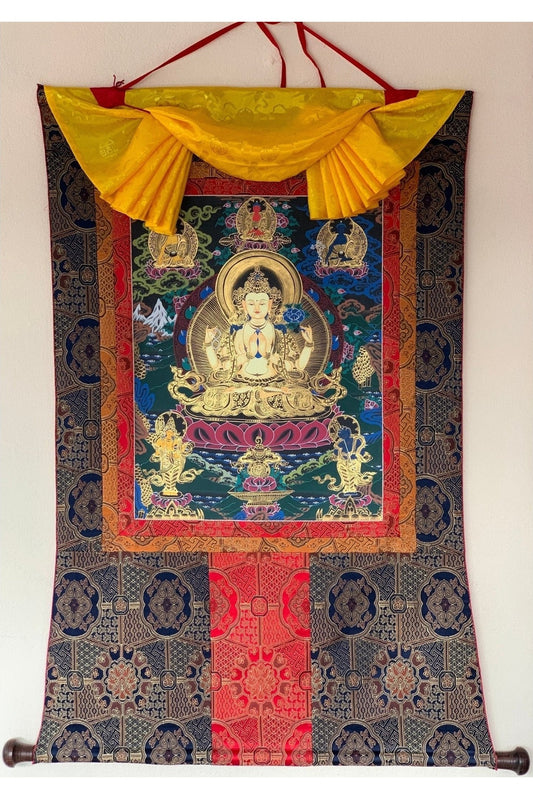 Four Armed Chenrezig/ Avalokiteshvara Bodhisattva Tibetan Thangka Painting Original Buddhist Art with Premium Silk Brocade - Tibetan Thangka Art