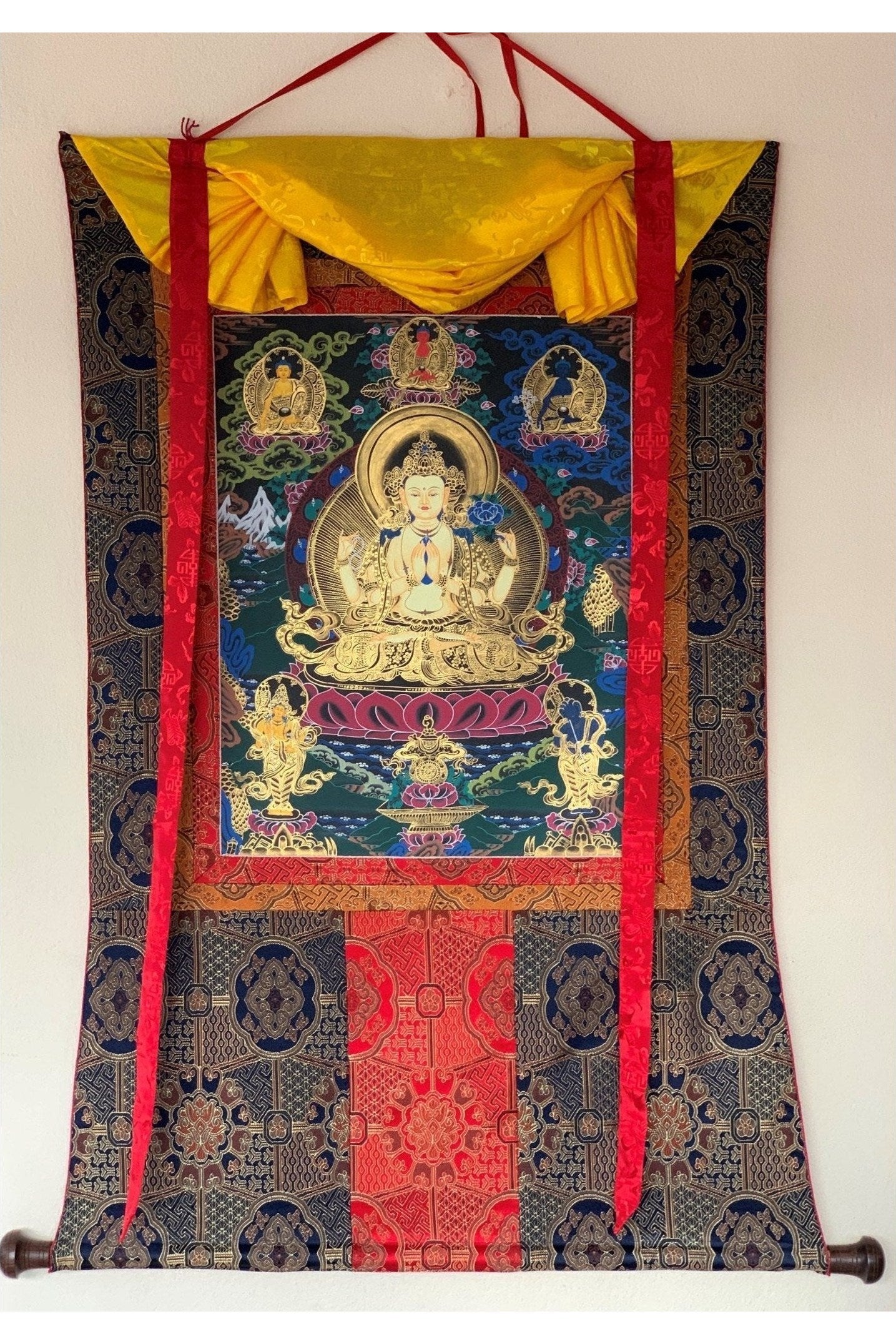 Four Armed Chenrezig/ Avalokiteshvara Bodhisattva Tibetan Thangka Painting Original Buddhist Art with Premium Silk Brocade - Tibetan Thangka Art