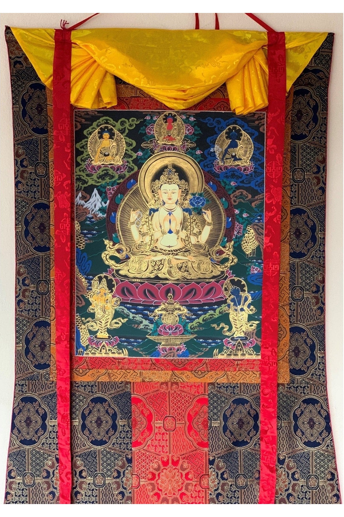 Four Armed Chenrezig/ Avalokiteshvara Bodhisattva Tibetan Thangka Painting Original Buddhist Art with Premium Silk Brocade - Tibetan Thangka Art