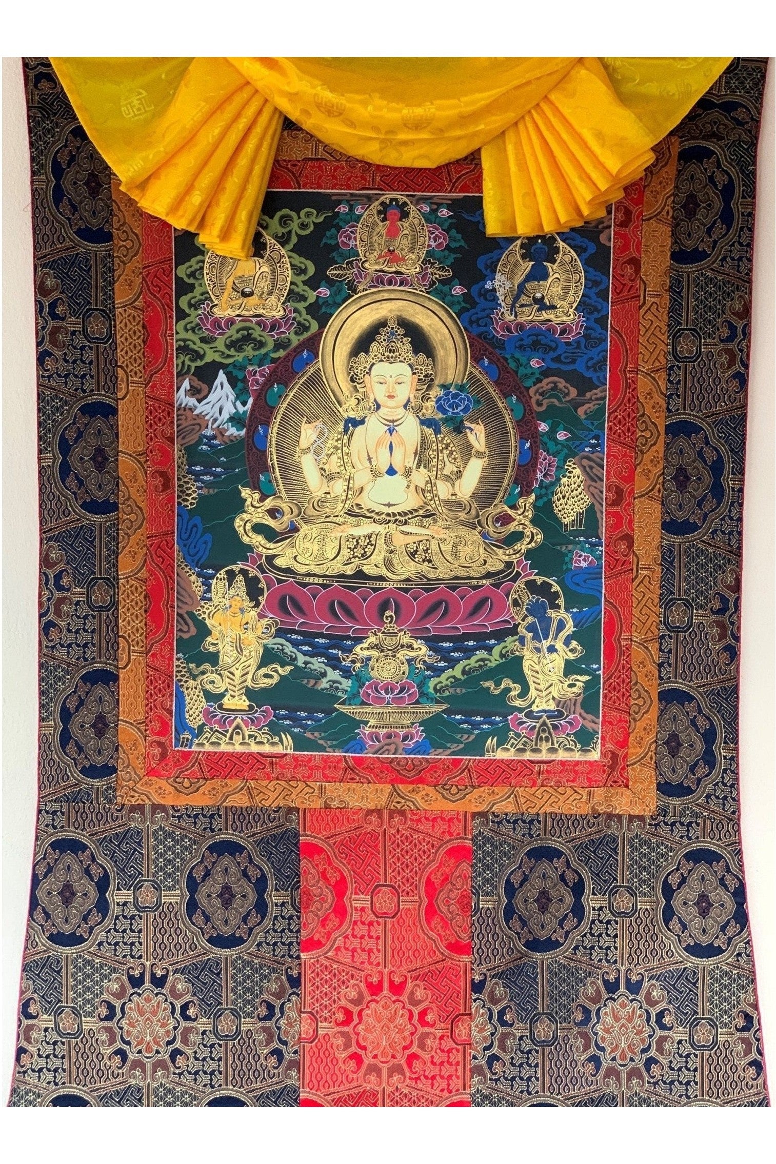 Four Armed Chenrezig/ Avalokiteshvara Bodhisattva Tibetan Thangka Painting Original Buddhist Art with Premium Silk Brocade - Tibetan Thangka Art