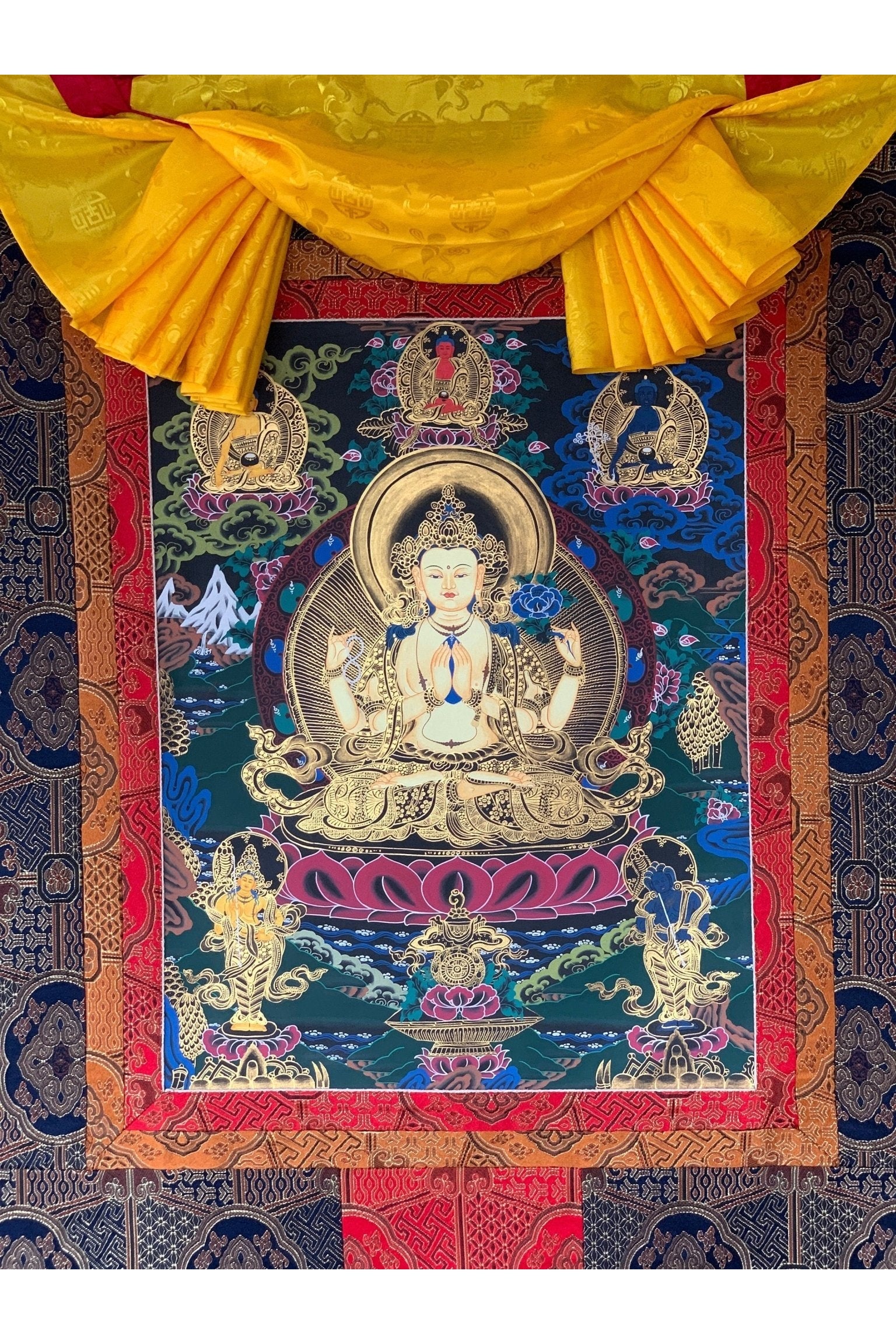Four Armed Chenrezig/ Avalokiteshvara Bodhisattva Tibetan Thangka Painting Original Buddhist Art with Premium Silk Brocade - Tibetan Thangka Art