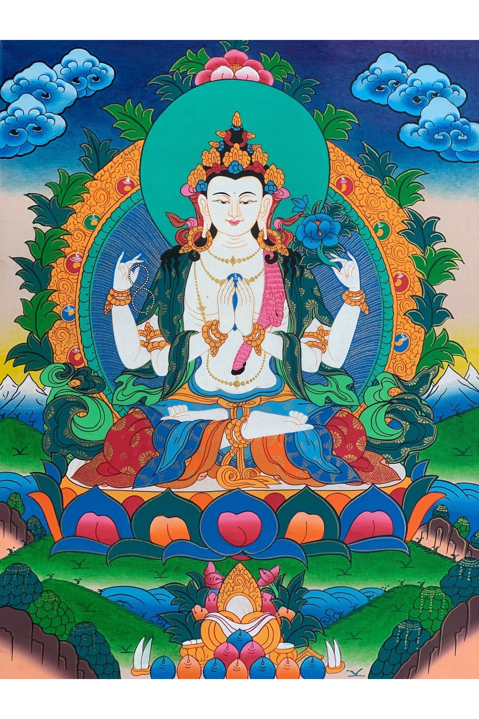 Four Armed Chyangresi Chenrezig Avalokiteshvara Fine Quality Tibetan Thangka Painting Original Hand Painting with Silk Brocade - Tibetan Thangka Art