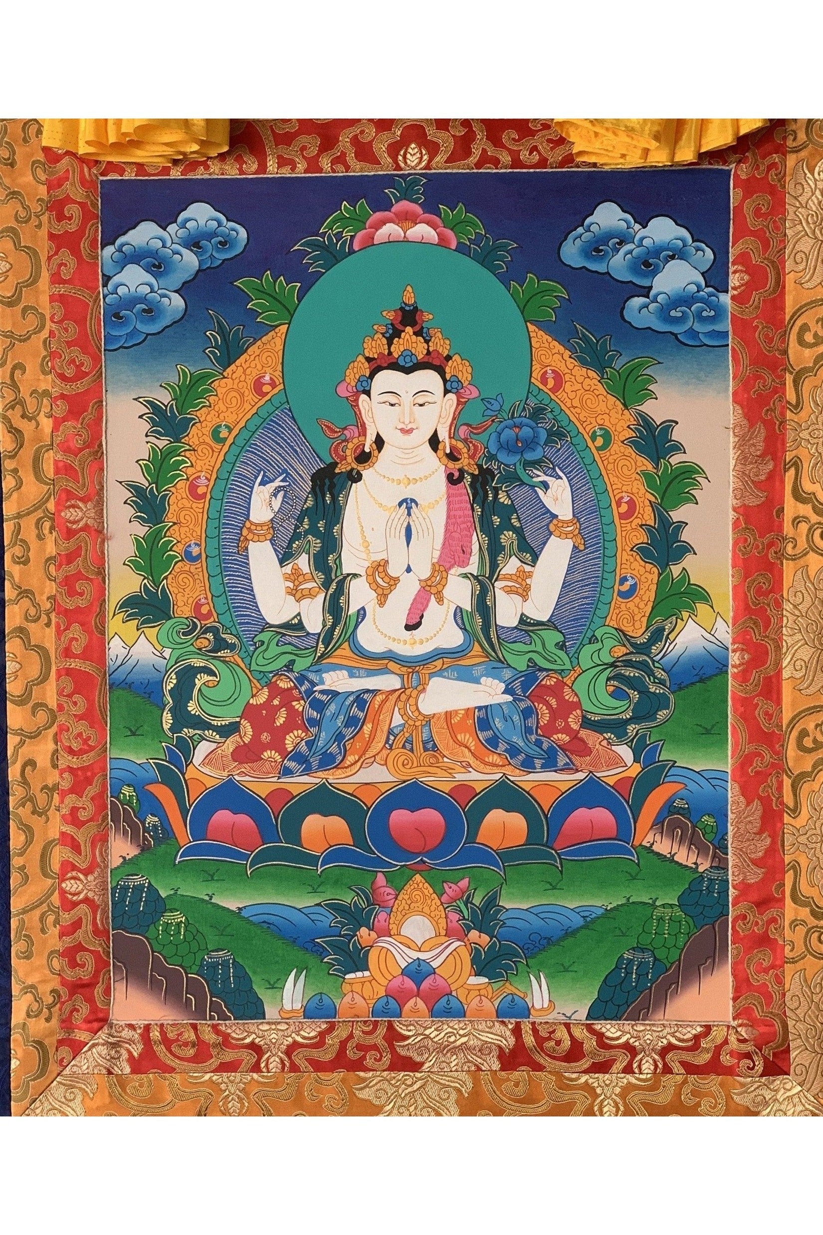 Four Armed Chyangresi Chenrezig Avalokiteshvara Fine Quality Tibetan Thangka Painting Original Hand Painting with Silk Brocade - Tibetan Thangka Art