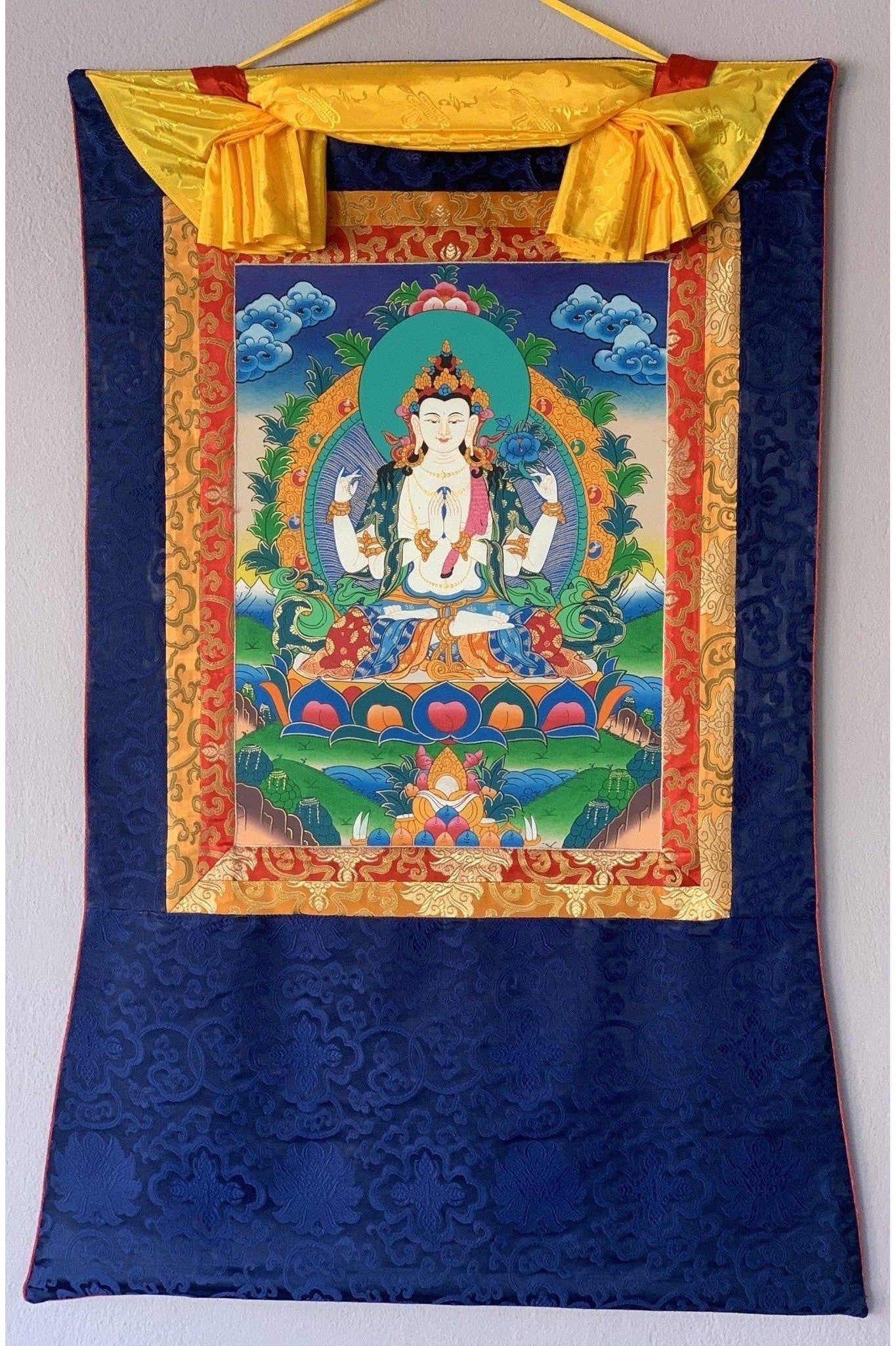 Four Armed Chyangresi Chenrezig Avalokiteshvara Fine Quality Tibetan Thangka Painting Original Hand Painting with Silk Brocade - Tibetan Thangka Art