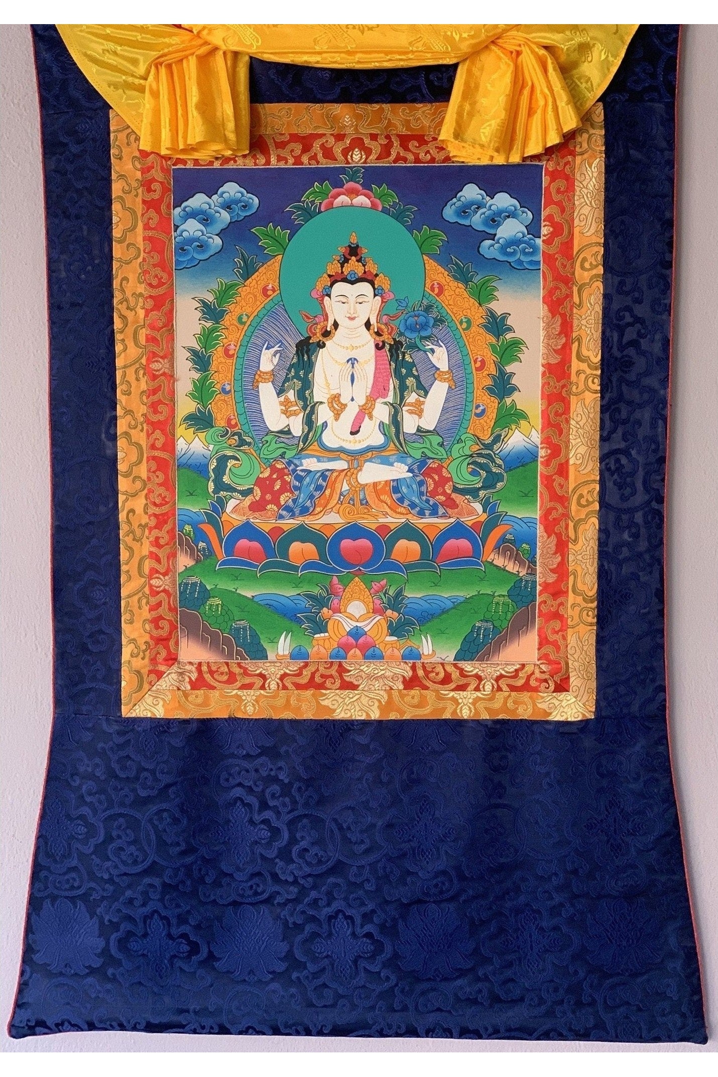 Four Armed Chyangresi Chenrezig Avalokiteshvara Fine Quality Tibetan Thangka Painting Original Hand Painting with Silk Brocade - Tibetan Thangka Art