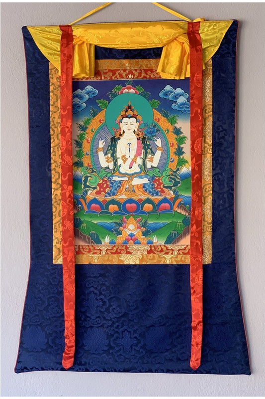 Four Armed Chyangresi Chenrezig Avalokiteshvara Fine Quality Tibetan Thangka Painting Original Hand Painting with Silk Brocade - Tibetan Thangka Art
