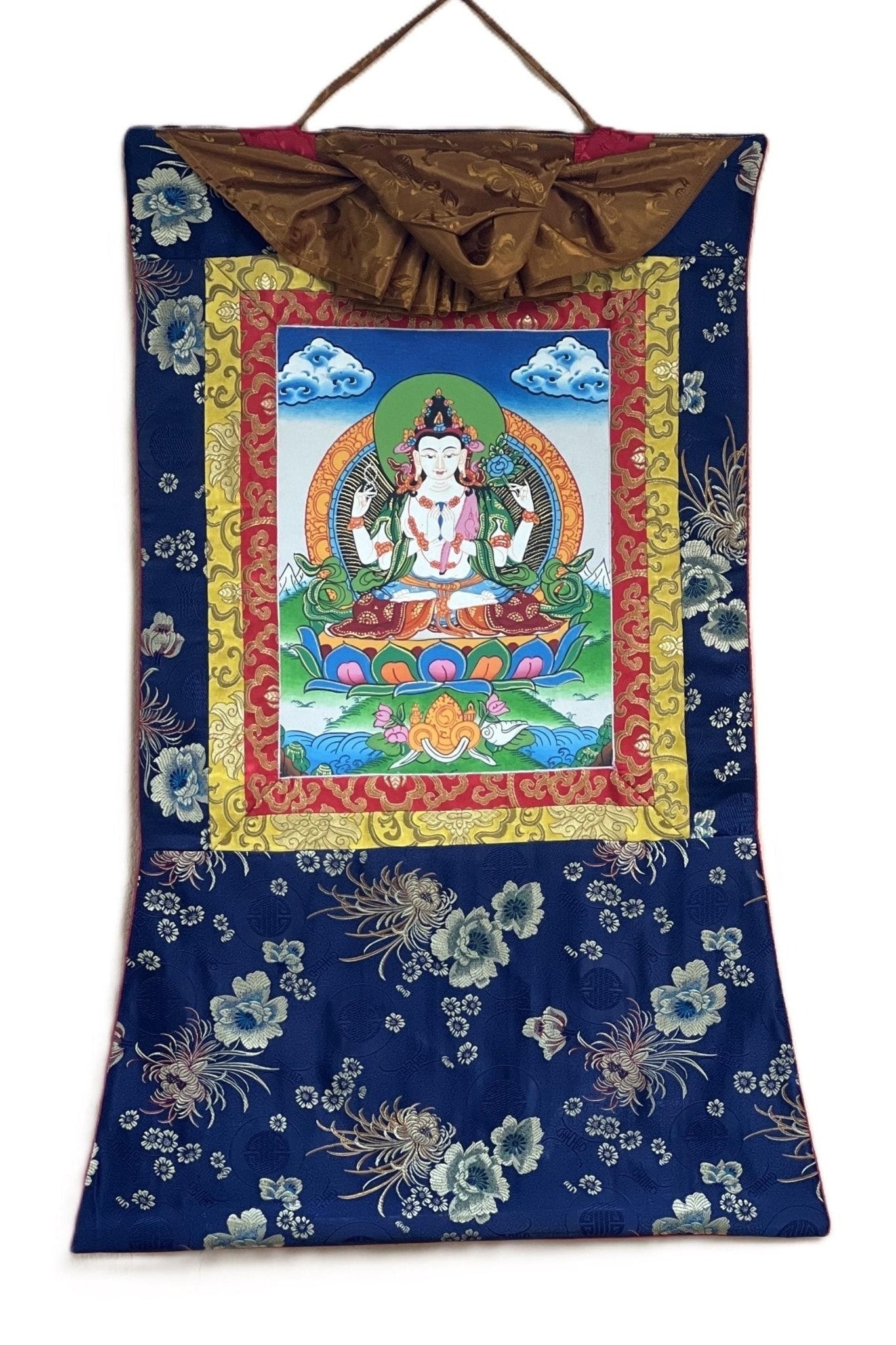 Four Armed Chyangresi/ Chenrezig/Avalokiteshvara Fine Quality Tibetan Thangka Painting Original Hand Painting with Silk Frame - Tibetan Thangka Art