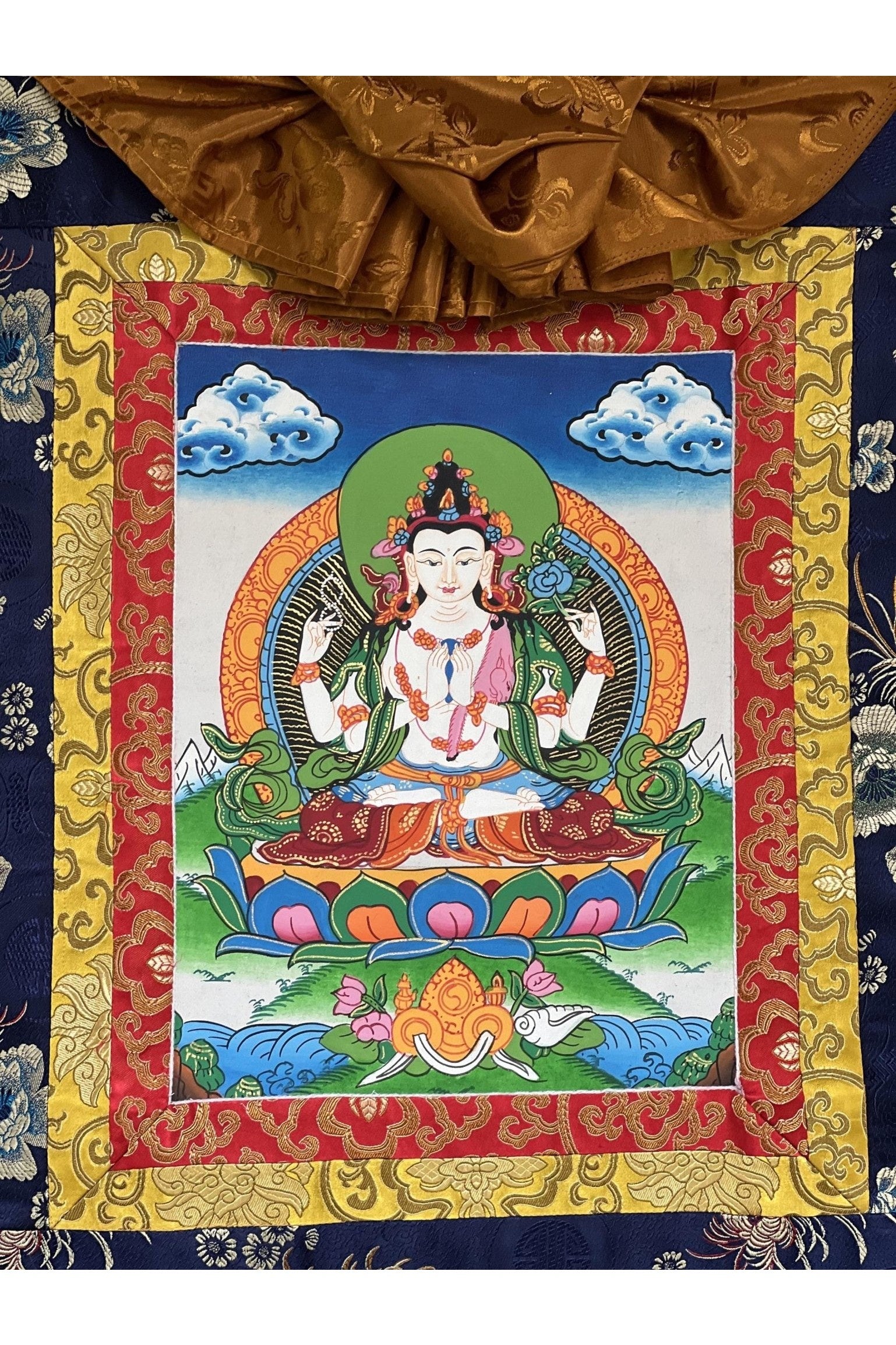 Four Armed Chyangresi/ Chenrezig/Avalokiteshvara Fine Quality Tibetan Thangka Painting Original Hand Painting with Silk Frame - Tibetan Thangka Art