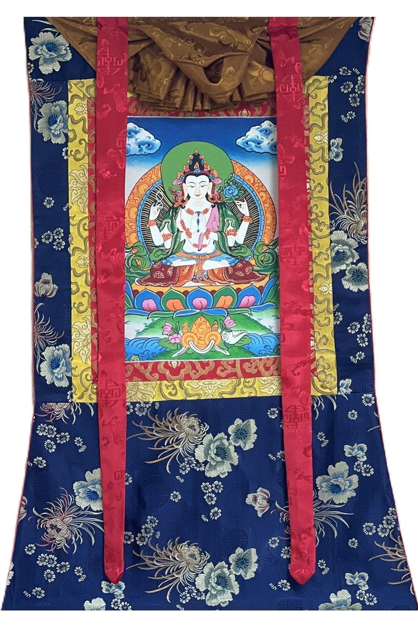 Four Armed Chyangresi/ Chenrezig/Avalokiteshvara Fine Quality Tibetan Thangka Painting Original Hand Painting with Silk Frame - Tibetan Thangka Art
