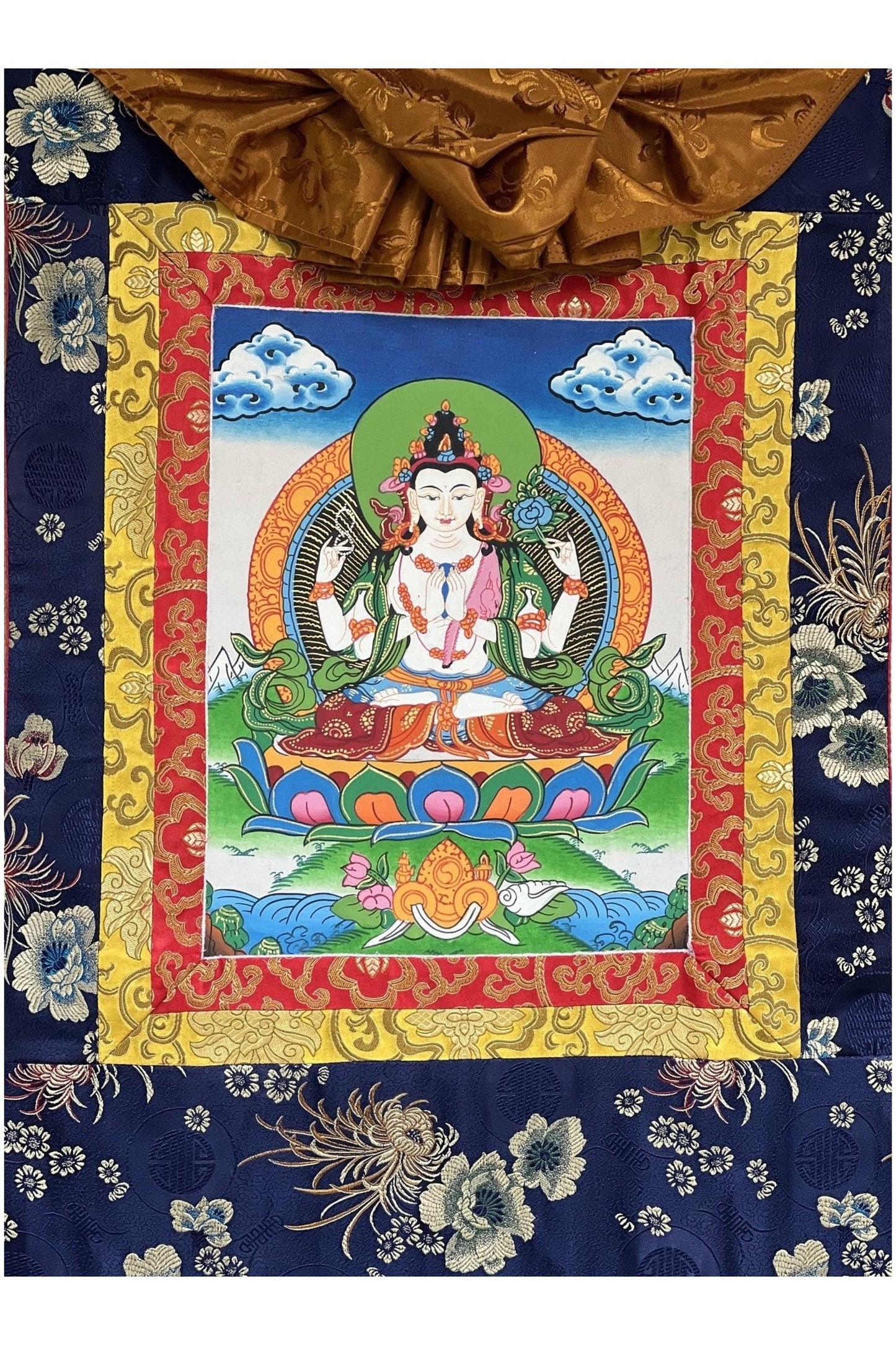 Four Armed Chyangresi/ Chenrezig/Avalokiteshvara Fine Quality Tibetan Thangka Painting Original Hand Painting with Silk Frame - Tibetan Thangka Art