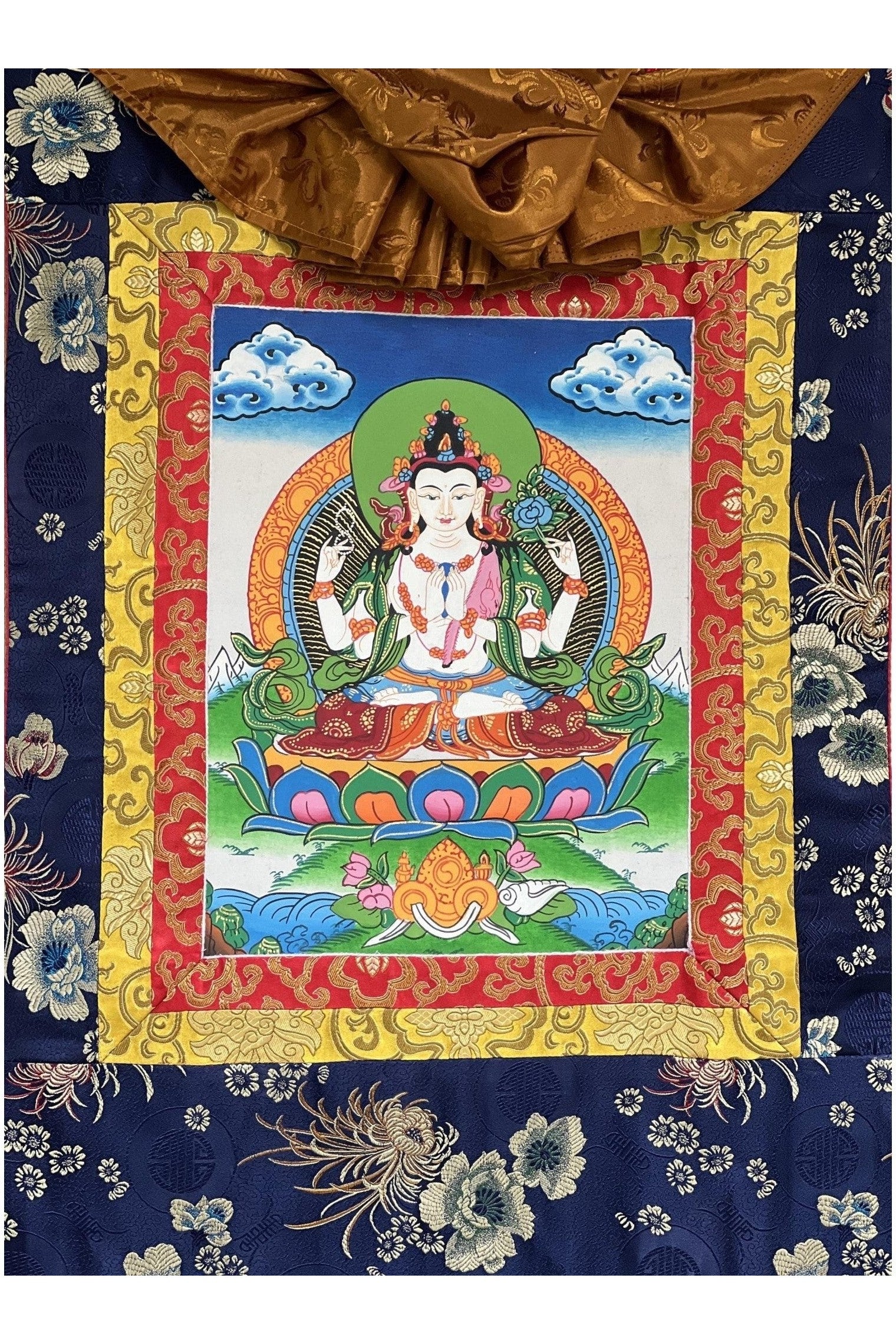 Four Armed Chyangresi/ Chenrezig/Avalokiteshvara Fine Quality Tibetan Thangka Painting Original Hand Painting with Silk Frame - Tibetan Thangka Art