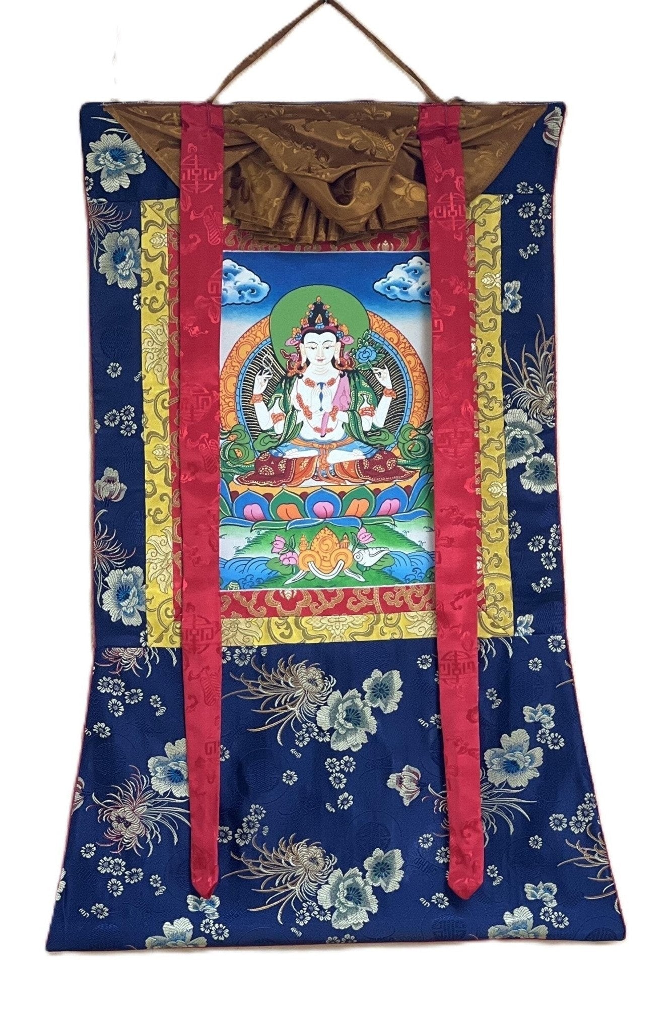 Four Armed Chyangresi/ Chenrezig/Avalokiteshvara Fine Quality Tibetan Thangka Painting Original Hand Painting with Silk Frame - Tibetan Thangka Art
