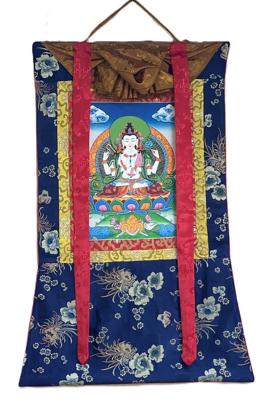 Four Armed Chyangresi/ Chenrezig/Avalokiteshvara Fine Quality Tibetan Thangka Painting Original Hand Painting with Silk Frame - Tibetan Thangka Art