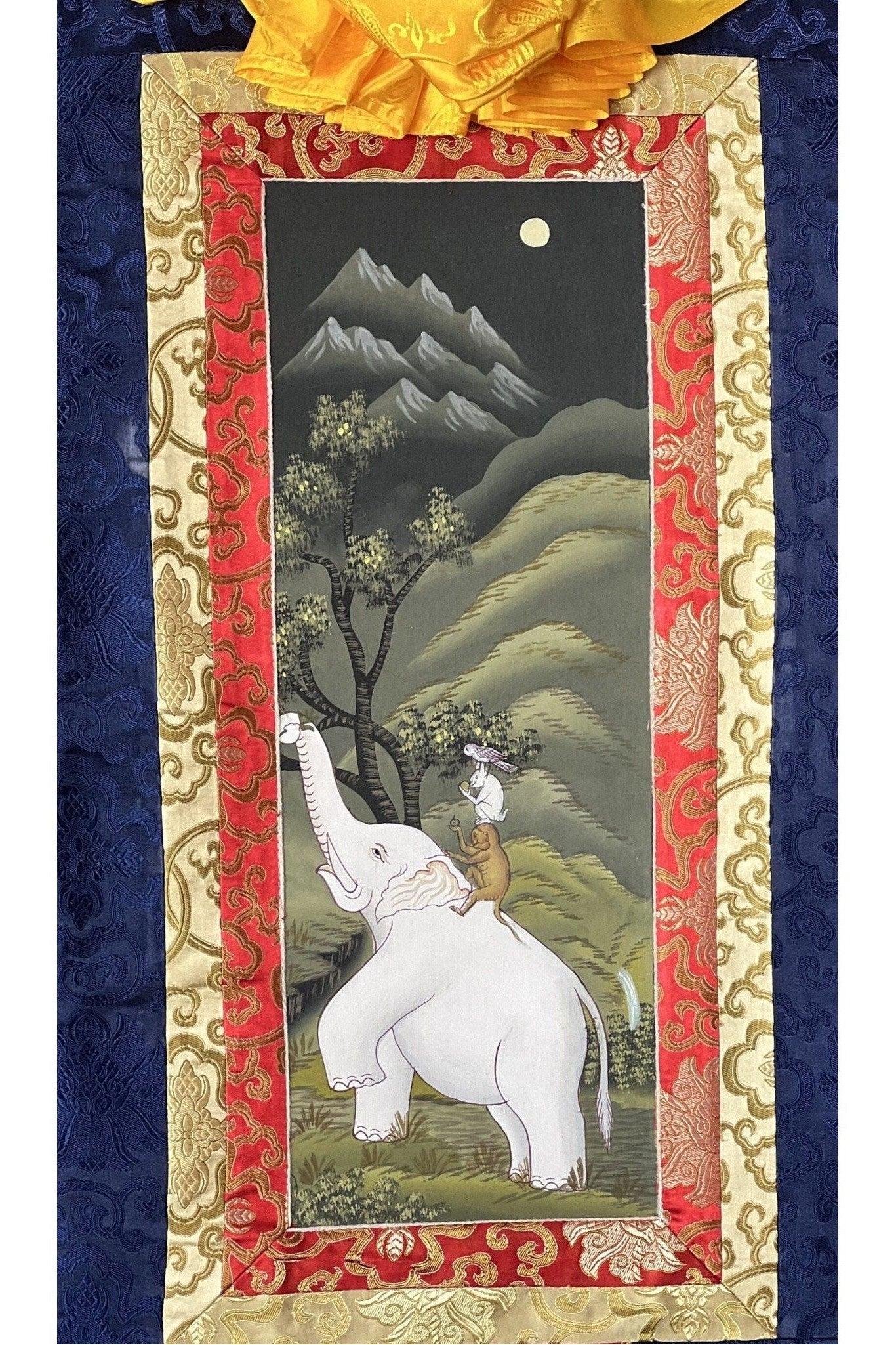 Four Harmonious Friend, Traditional Newari Paubha Good Luck Harmoney, Thangka Painting, Original Hand - painted, Art with Silk Frame - Tibetan Thangka Art
