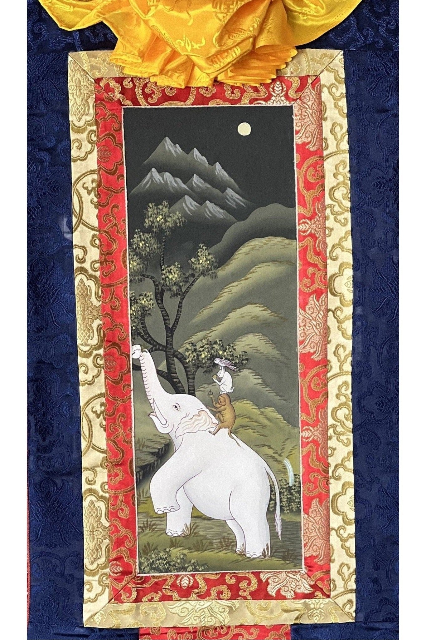 Four Harmonious Friend, Traditional Newari Paubha Good Luck Harmoney, Thangka Painting, Original Hand - painted, Art with Silk Frame - Tibetan Thangka Art