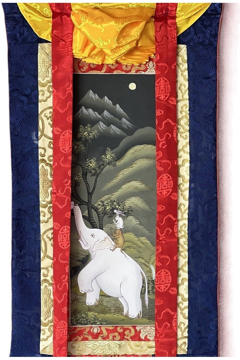 Four Harmonious Friend, Traditional Newari Paubha Good Luck Harmoney, Thangka Painting, Original Hand - painted, Art with Silk Frame - Tibetan Thangka Art