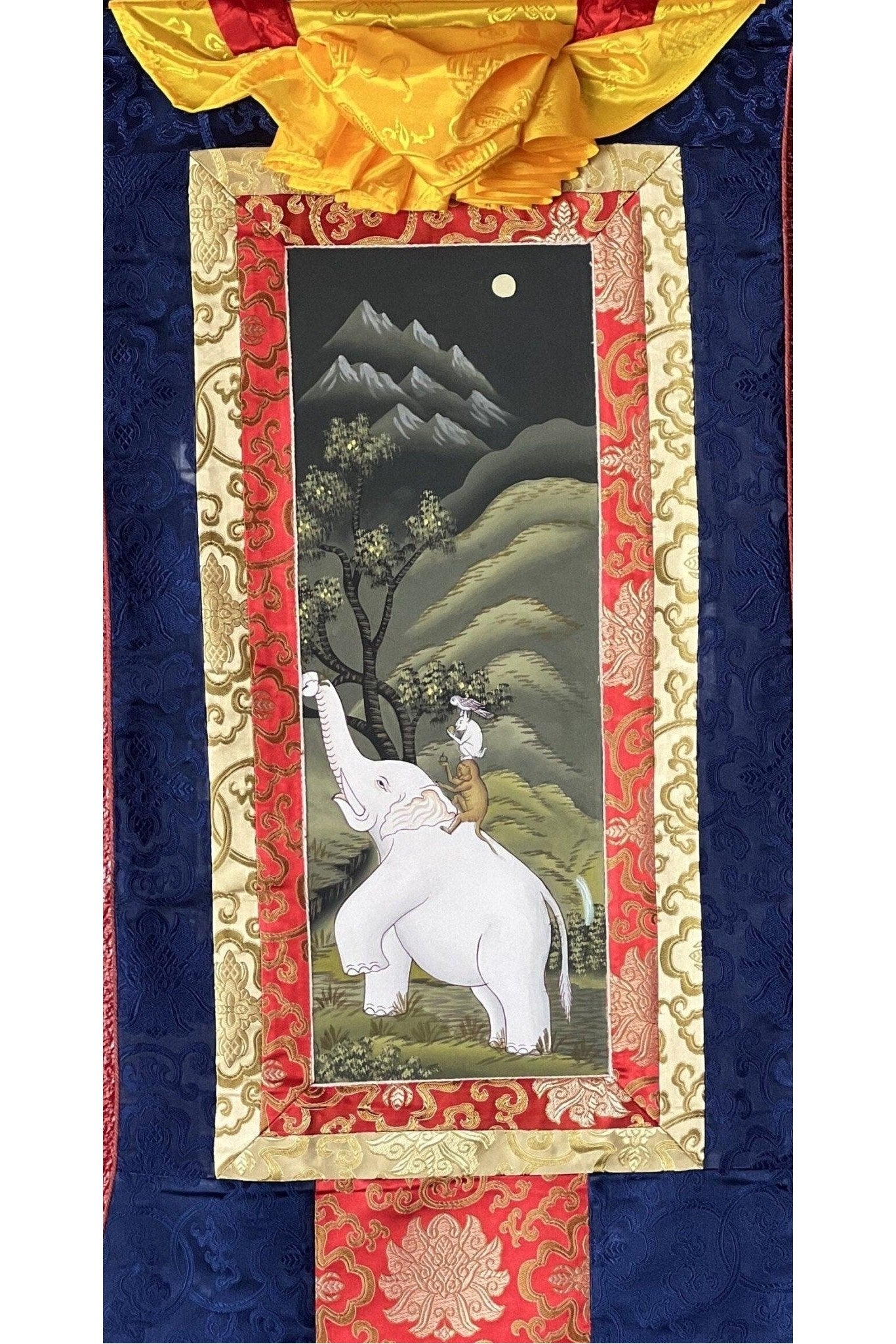 Four Harmonious Friend, Traditional Newari Paubha Good Luck Harmoney, Thangka Painting, Original Hand - painted, Art with Silk Frame - Tibetan Thangka Art