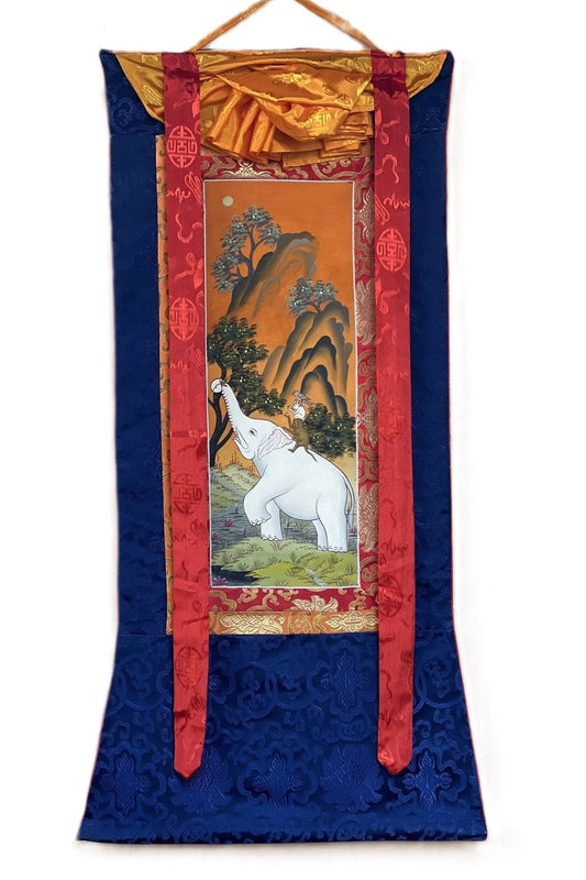 Four Harmonious Friends Traditional Newari Paubha Style Thangka Painting Original Masterpiece Art with Silk Brocade - Tibetan Thangka Art