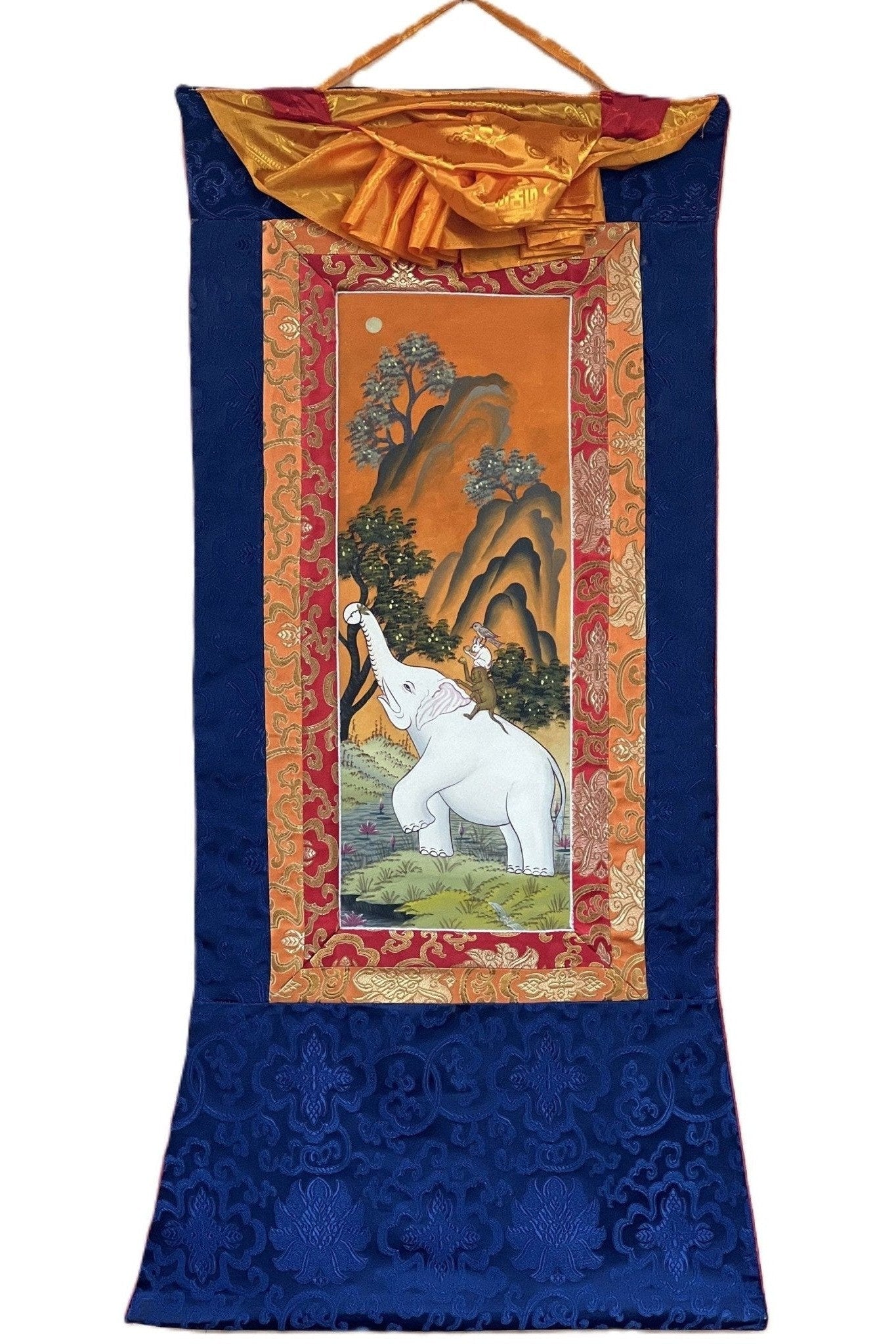 Four Harmonious Friends Traditional Newari Paubha Style Thangka Painting Original Masterpiece Art with Silk Brocade - Tibetan Thangka Art