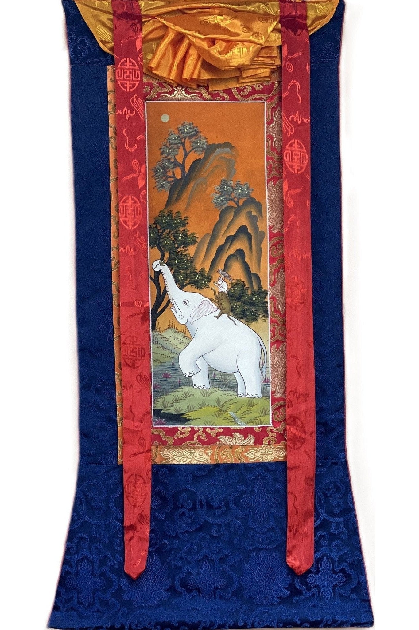 Four Harmonious Friends Traditional Newari Paubha Style Thangka Painting Original Masterpiece Art with Silk Brocade - Tibetan Thangka Art