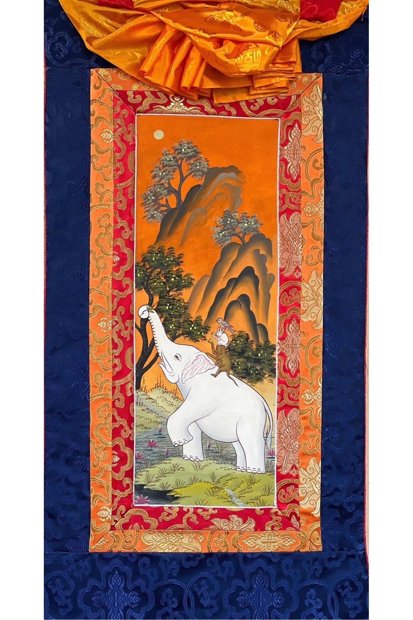 Four Harmonious Friends Traditional Newari Paubha Style Thangka Painting Original Masterpiece Art with Silk Brocade - Tibetan Thangka Art