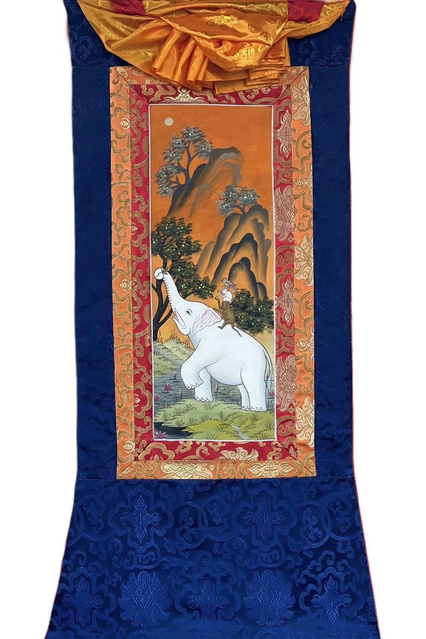 Four Harmonious Friends Traditional Newari Paubha Style Thangka Painting Original Masterpiece Art with Silk Brocade - Tibetan Thangka Art