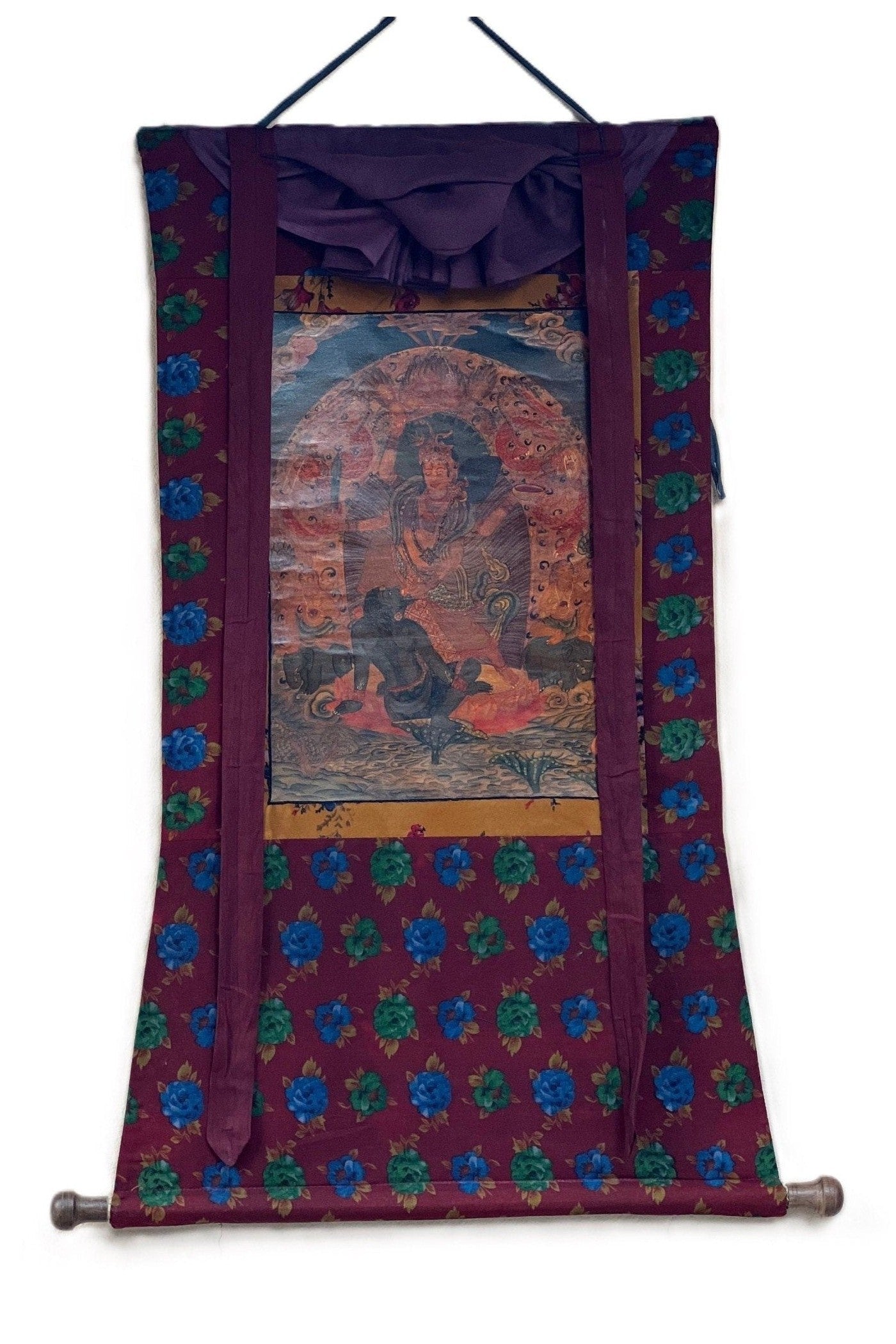 Goddess Durga/Jagdamba/ Navadurga Old Oil Varnished Newari Paubha Thangka Painting Hindu Art with Cotton Brocade - Tibetan Thangka Art